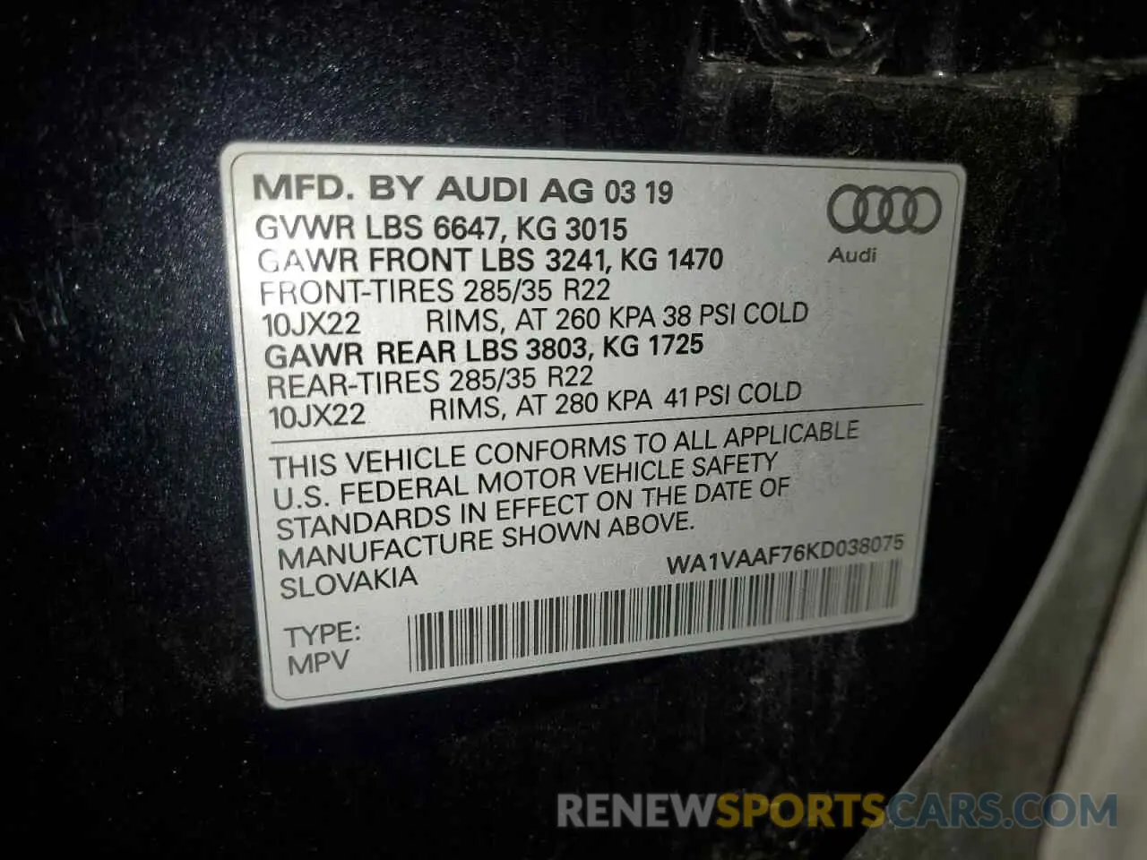13 Photograph of a damaged car WA1VAAF76KD038075 AUDI Q7 2019