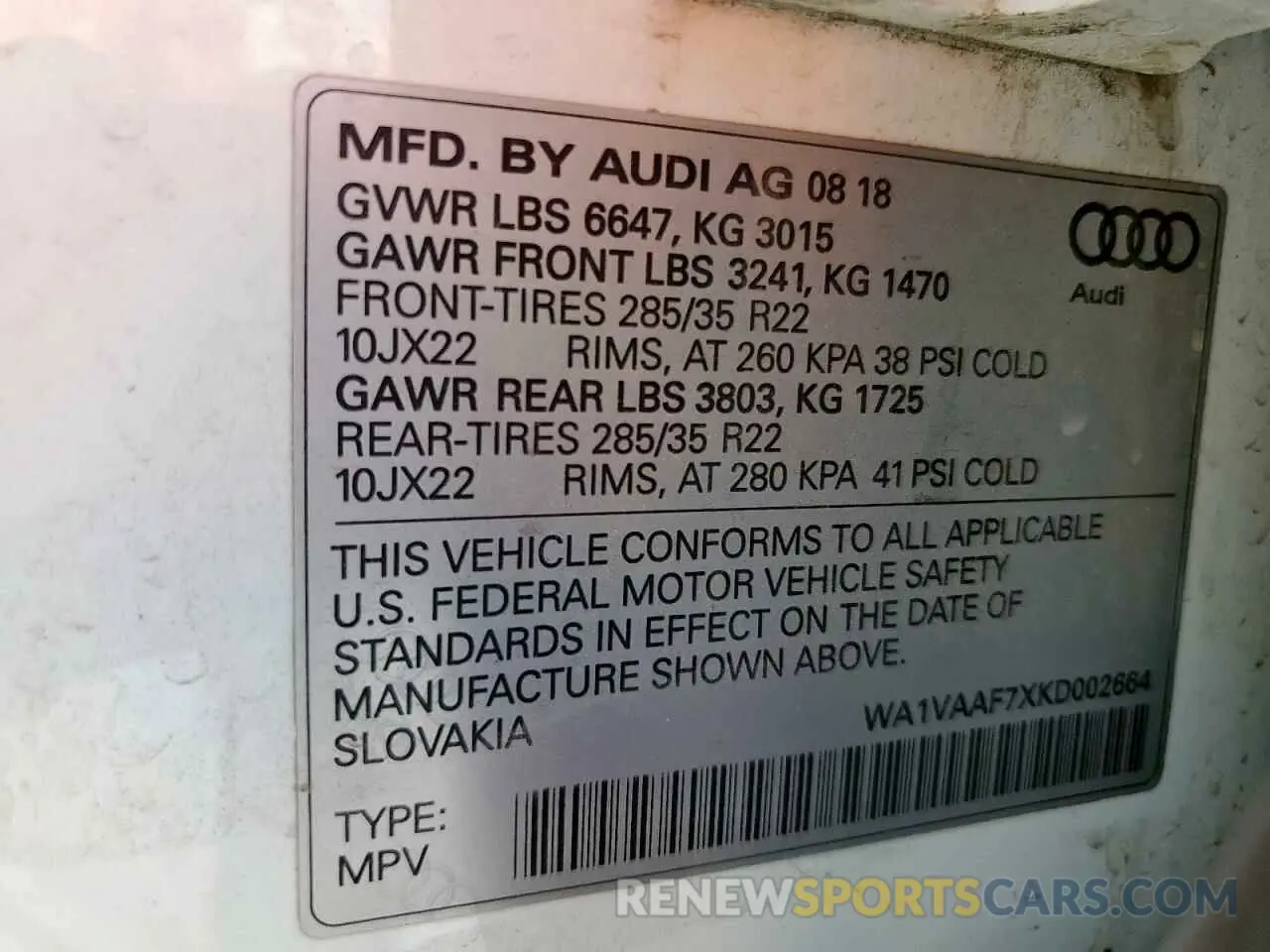 14 Photograph of a damaged car WA1VAAF7XKD002664 AUDI Q7 2019