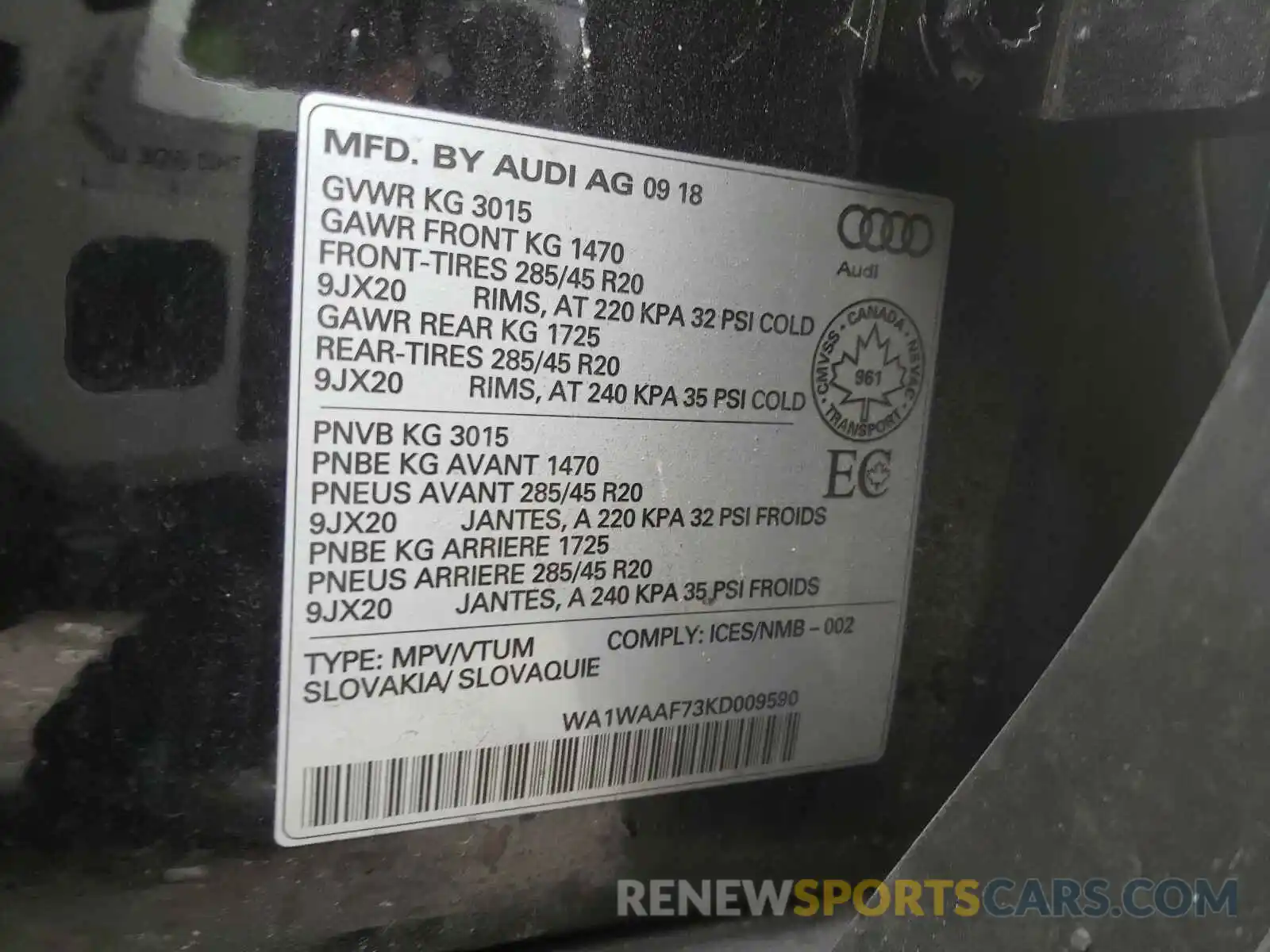 10 Photograph of a damaged car WA1WAAF73KD009590 AUDI Q7 2019