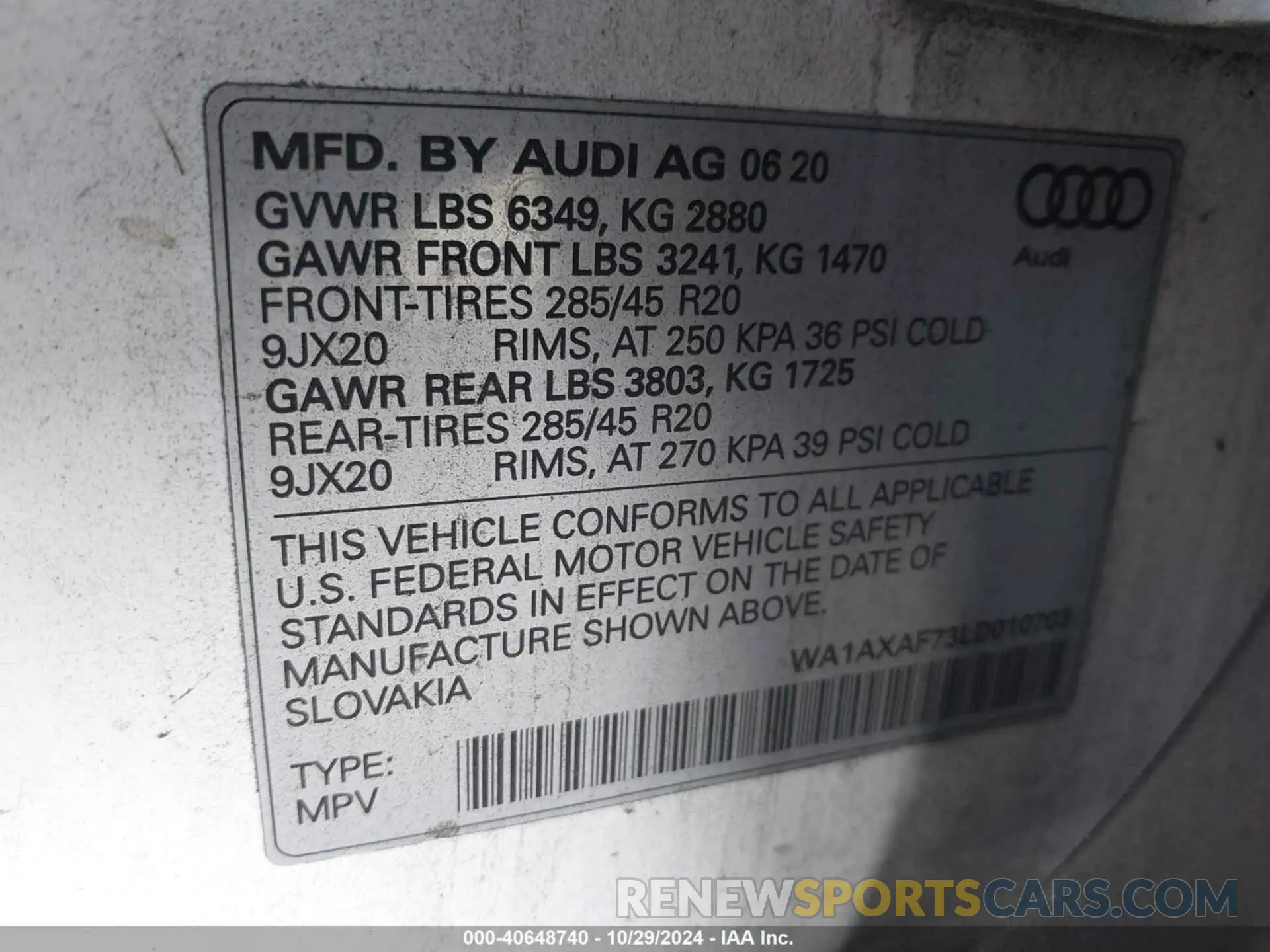 9 Photograph of a damaged car WA1AXAF73LD010703 AUDI Q7 2020