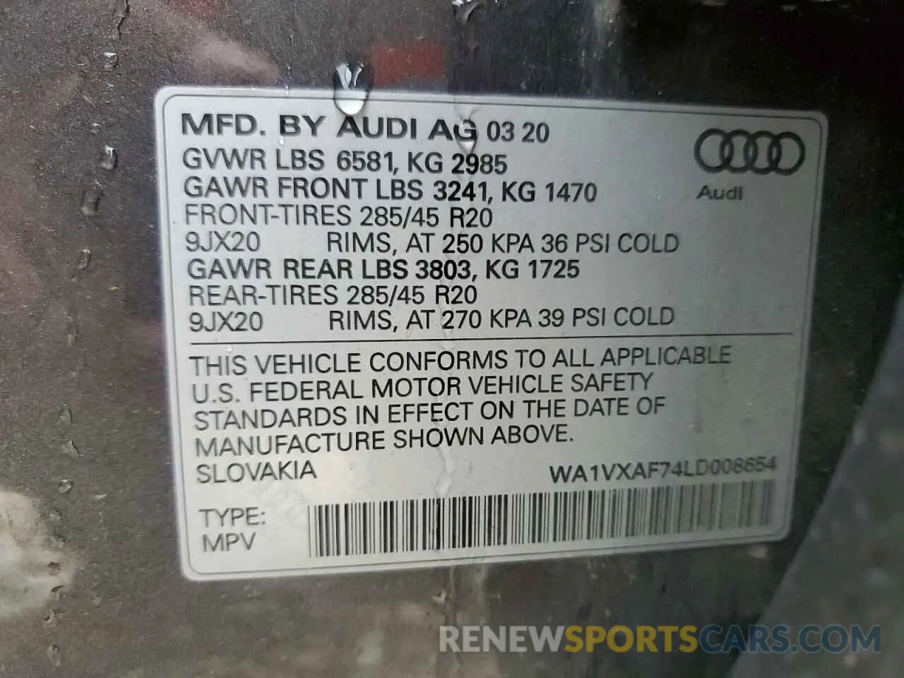 15 Photograph of a damaged car WA1VXAF74LD008654 AUDI Q7 2020
