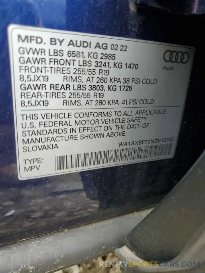 13 Photograph of a damaged car WA1AXBF70ND012742 AUDI Q7 2022
