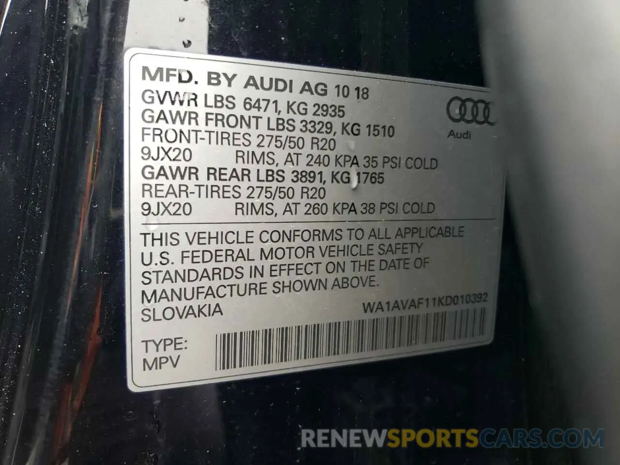 13 Photograph of a damaged car WA1AVAF11KD010392 AUDI Q8 2019