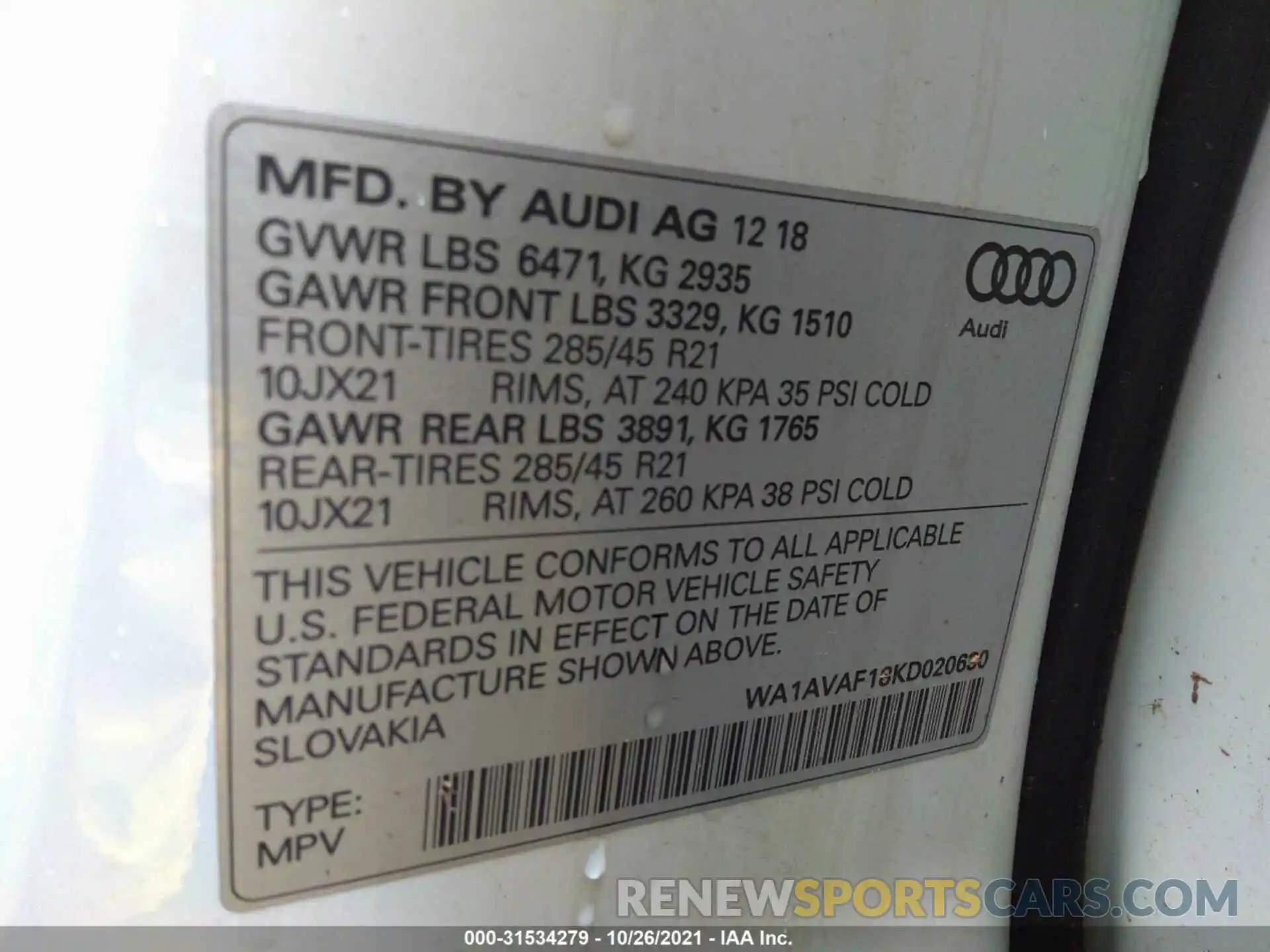 9 Photograph of a damaged car WA1AVAF18KD020630 AUDI Q8 2019