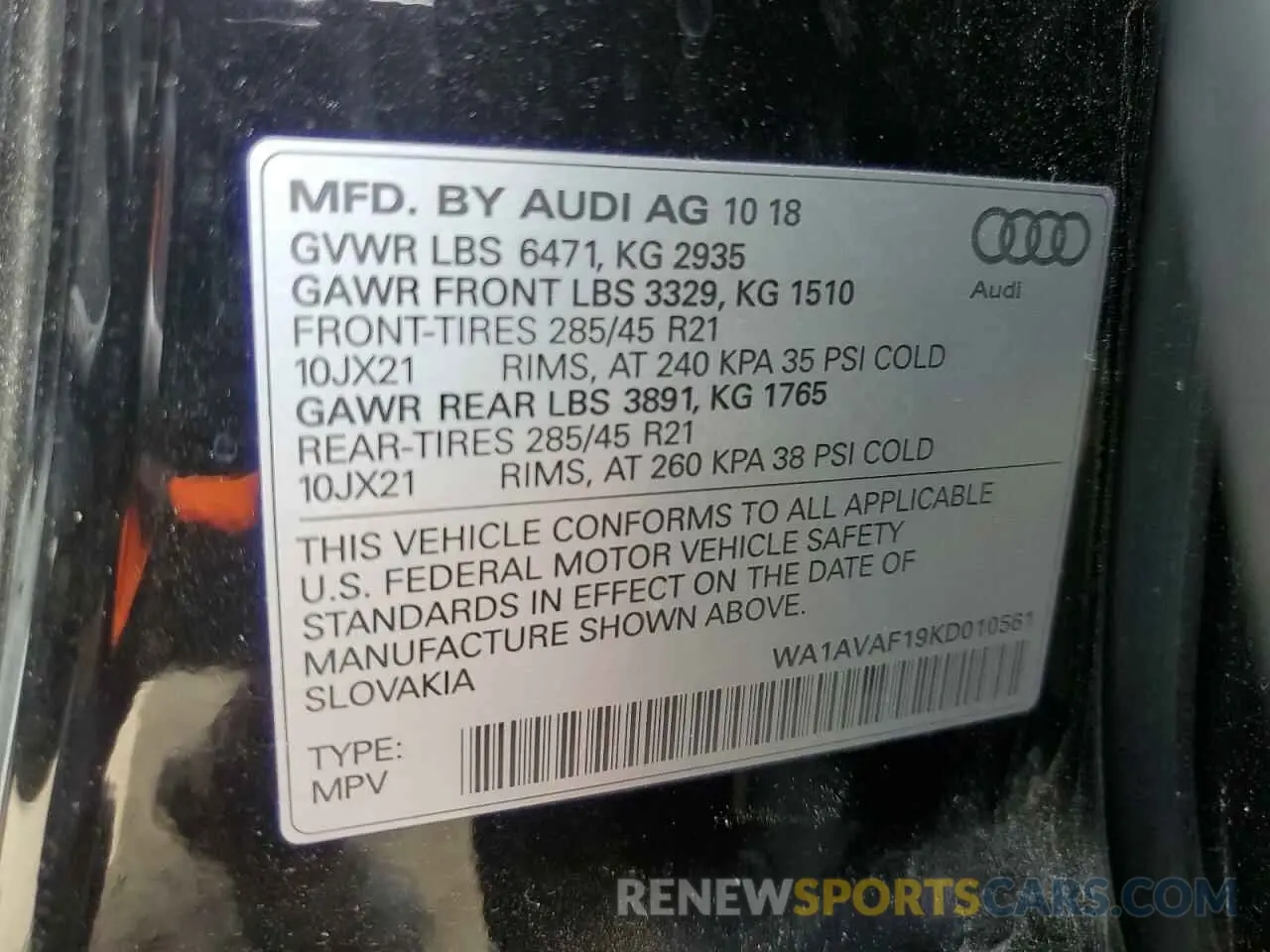13 Photograph of a damaged car WA1AVAF19KD010561 AUDI Q8 2019