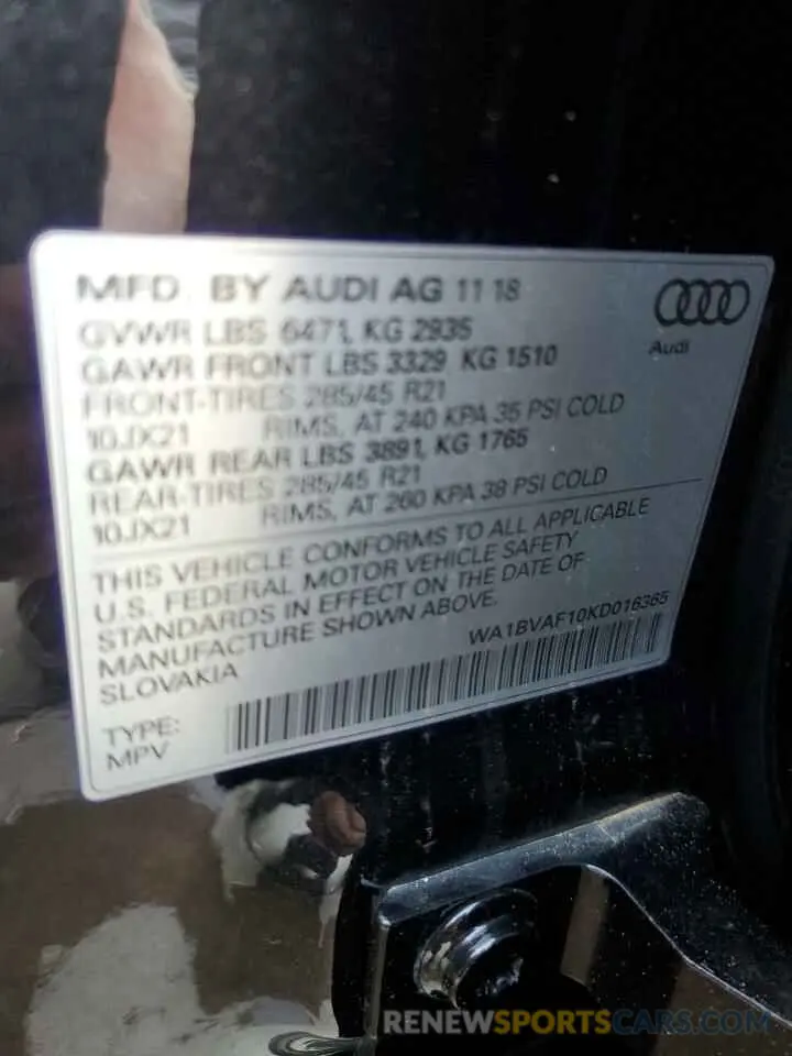 13 Photograph of a damaged car WA1BVAF10KD016365 AUDI Q8 2019