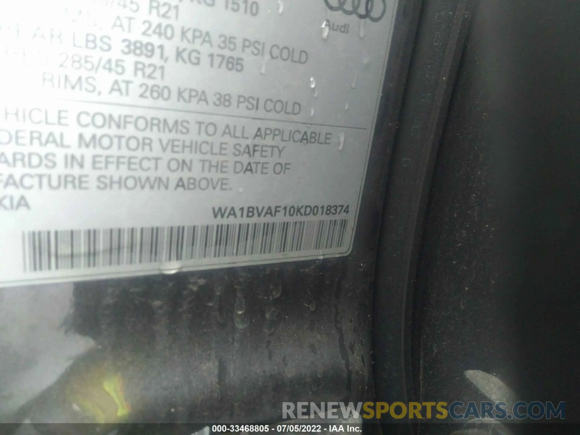9 Photograph of a damaged car WA1BVAF10KD018374 AUDI Q8 2019