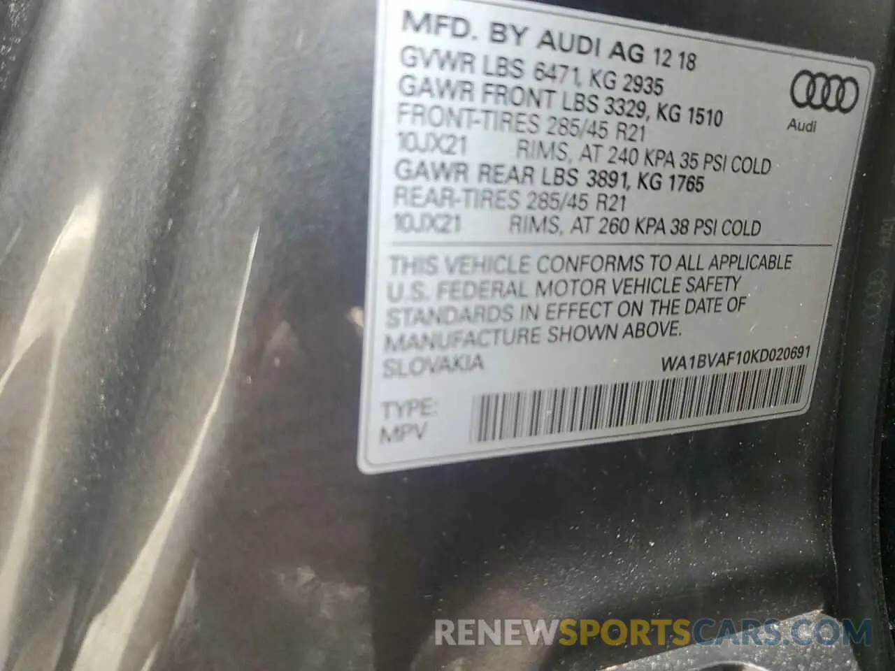 14 Photograph of a damaged car WA1BVAF10KD020691 AUDI Q8 2019