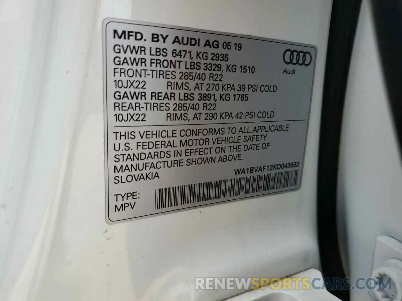14 Photograph of a damaged car WA1BVAF12KD043583 AUDI Q8 2019