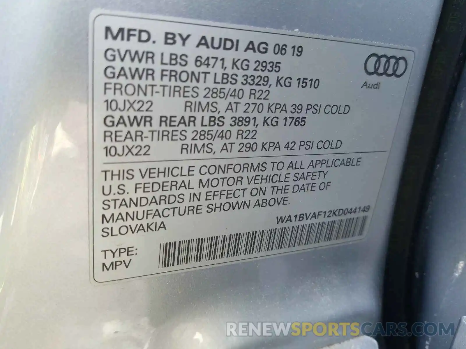 10 Photograph of a damaged car WA1BVAF12KD044149 AUDI Q8 2019