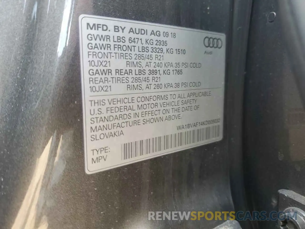 15 Photograph of a damaged car WA1BVAF14KD009032 AUDI Q8 2019