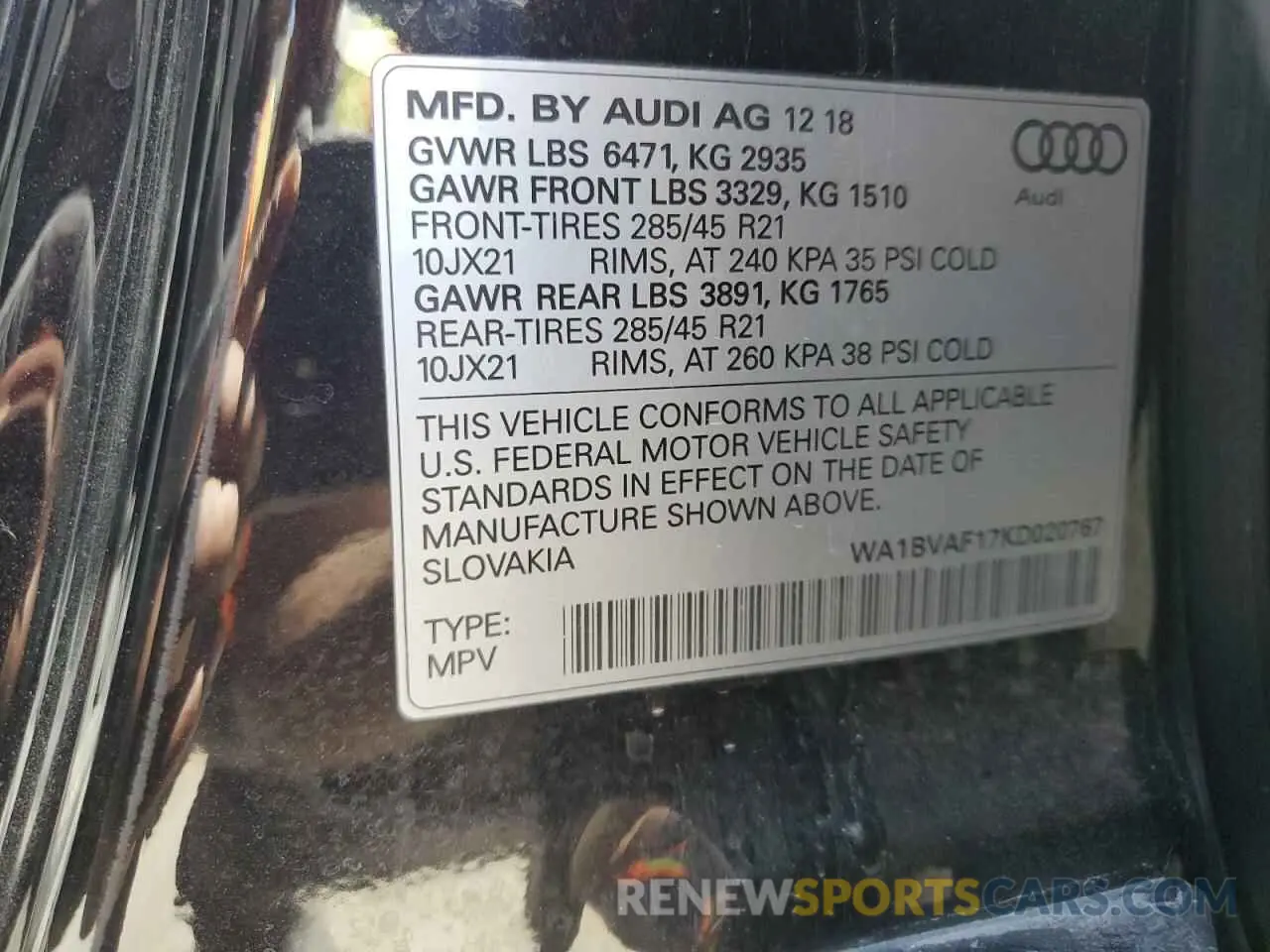 13 Photograph of a damaged car WA1BVAF17KD020767 AUDI Q8 2019
