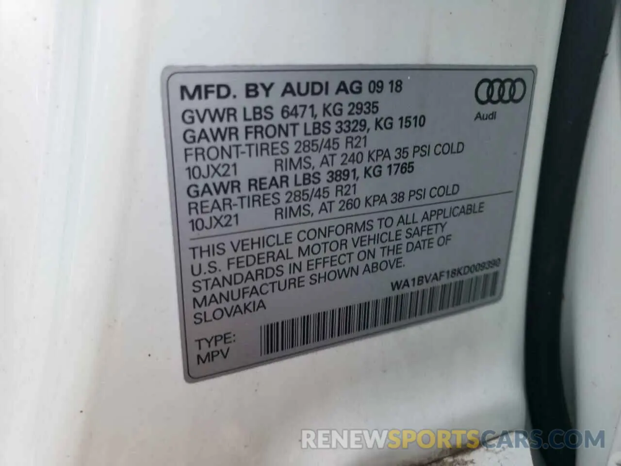 13 Photograph of a damaged car WA1BVAF18KD009390 AUDI Q8 2019