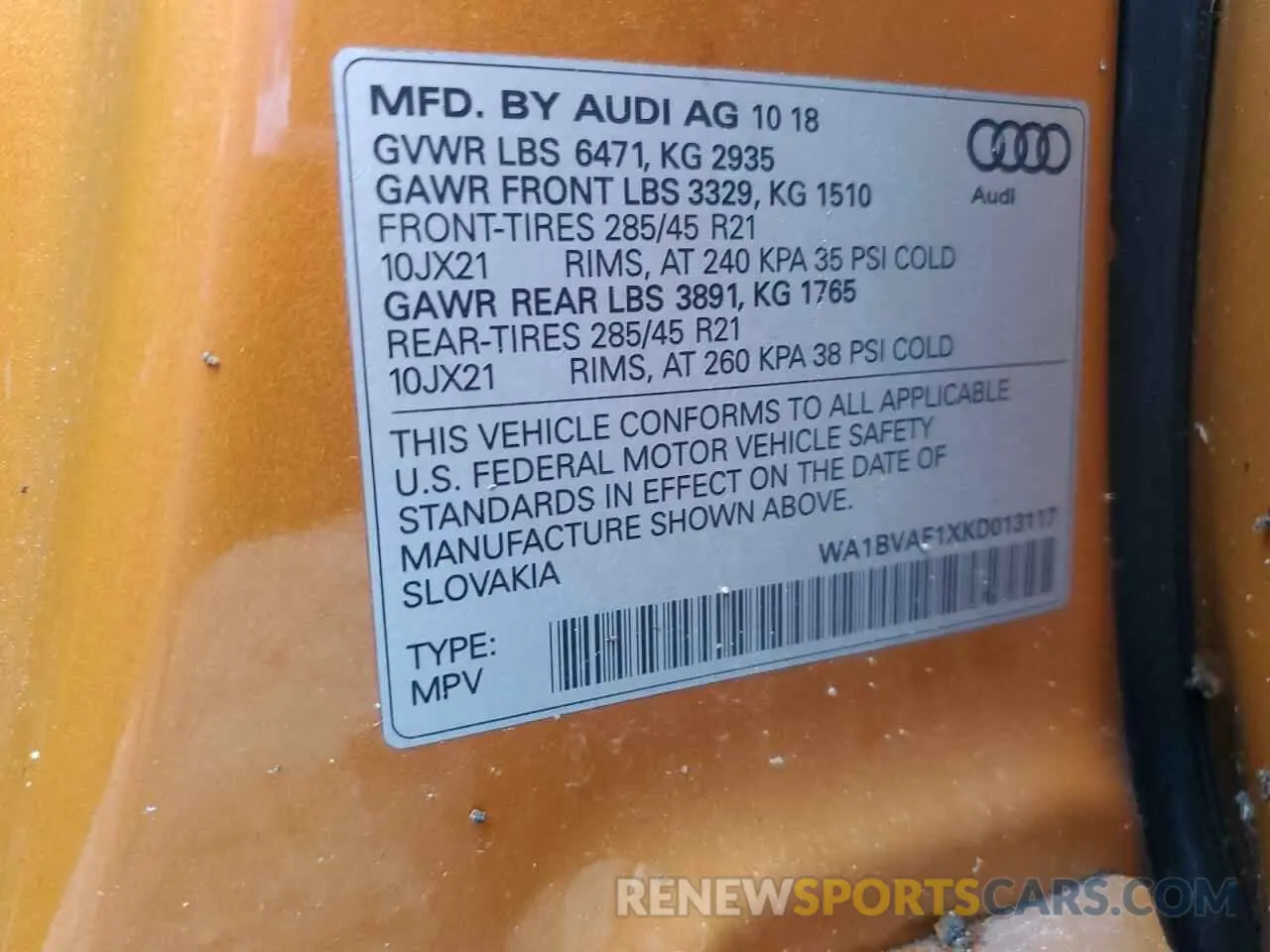 14 Photograph of a damaged car WA1BVAF1XKD013117 AUDI Q8 2019