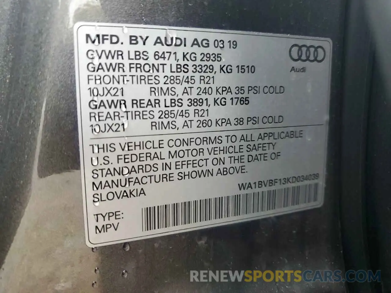 14 Photograph of a damaged car WA1BVBF13KD034039 AUDI Q8 2019