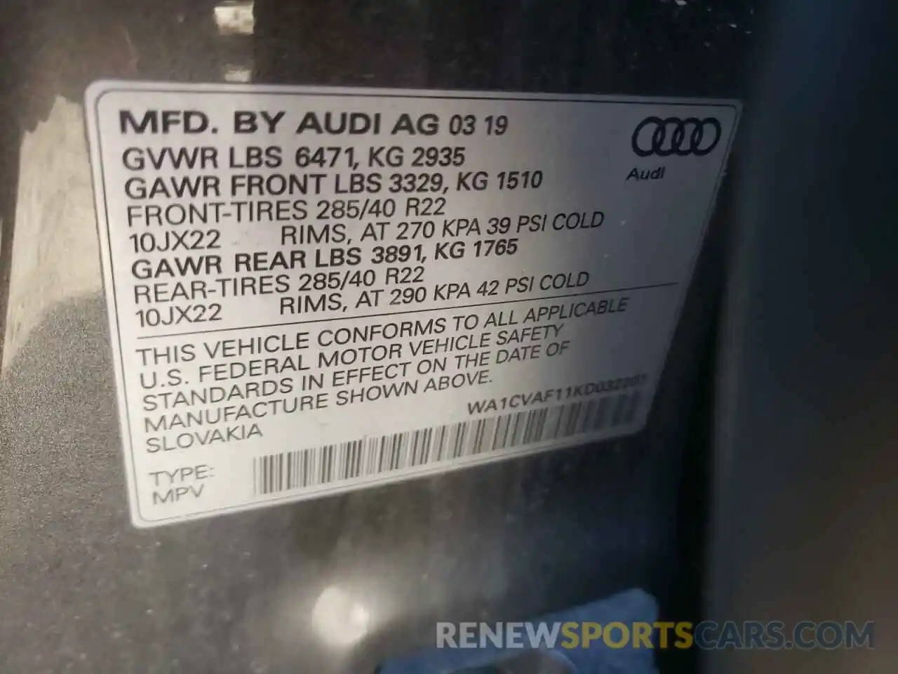 10 Photograph of a damaged car WA1CVAF11KD032207 AUDI Q8 2019