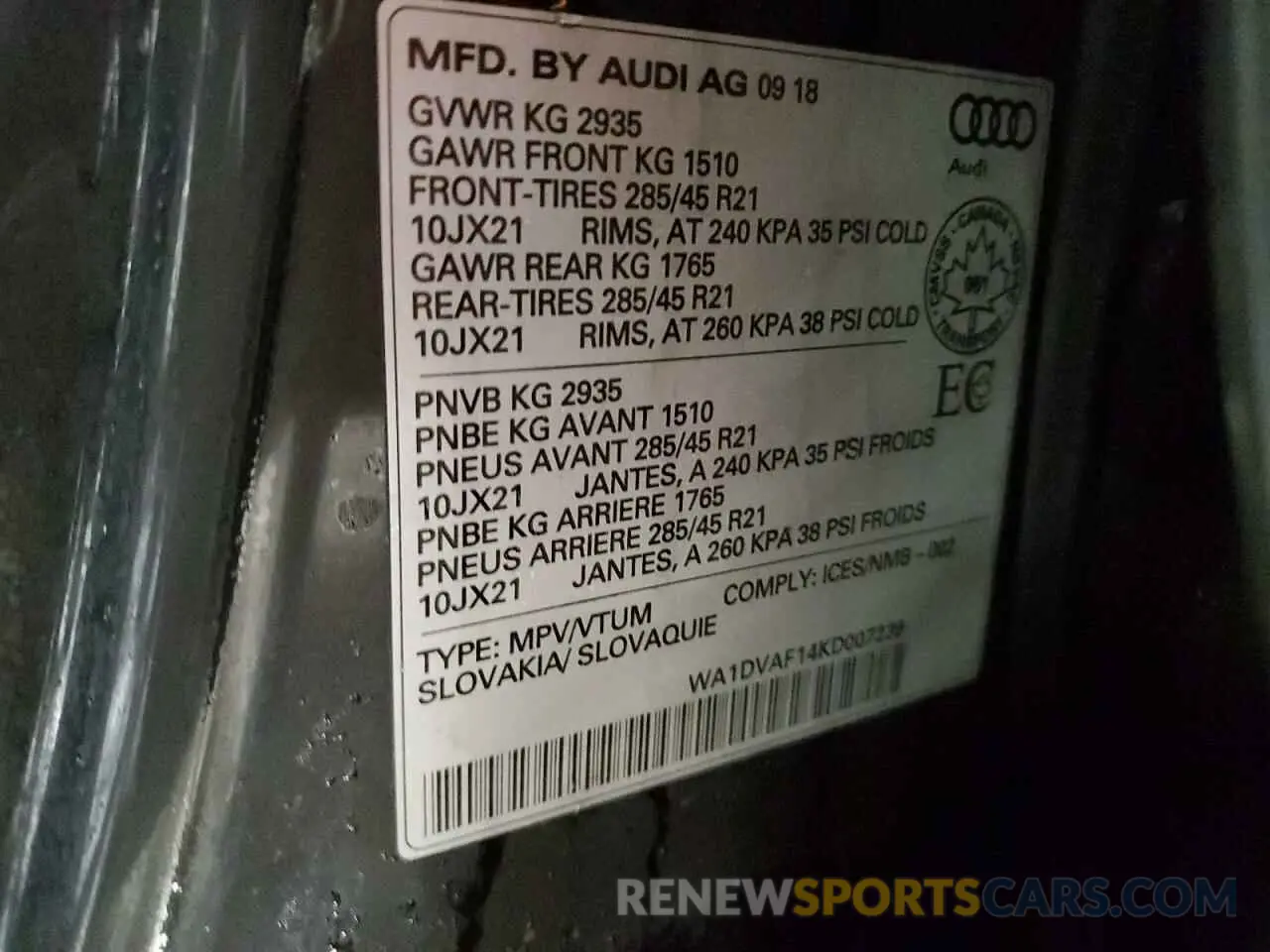 12 Photograph of a damaged car WA1DVAF14KD007239 AUDI Q8 2019