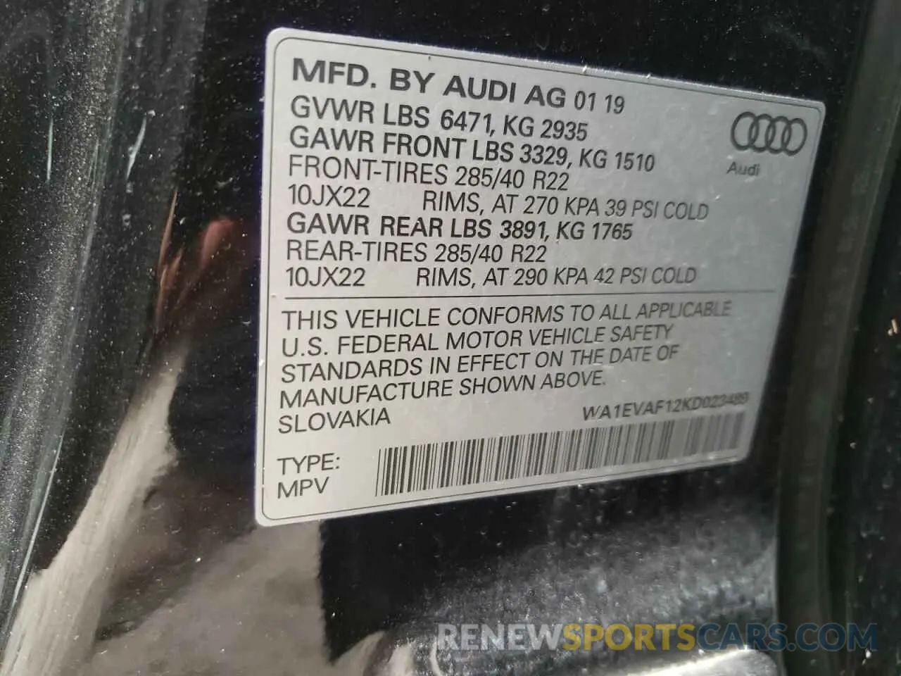 10 Photograph of a damaged car WA1EVAF12KD023489 AUDI Q8 2019