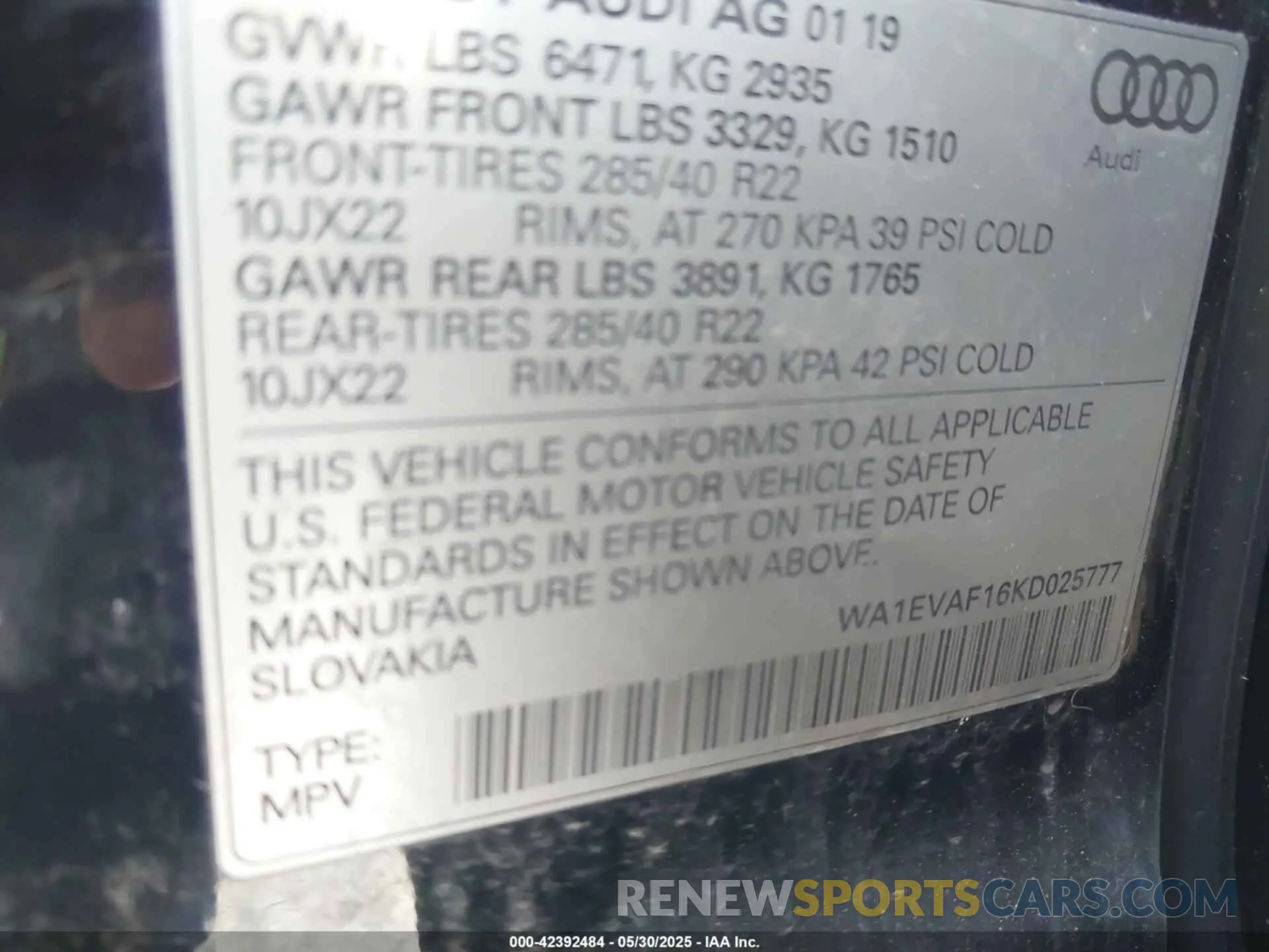 9 Photograph of a damaged car WA1EVAF16KD025777 AUDI Q8 2019