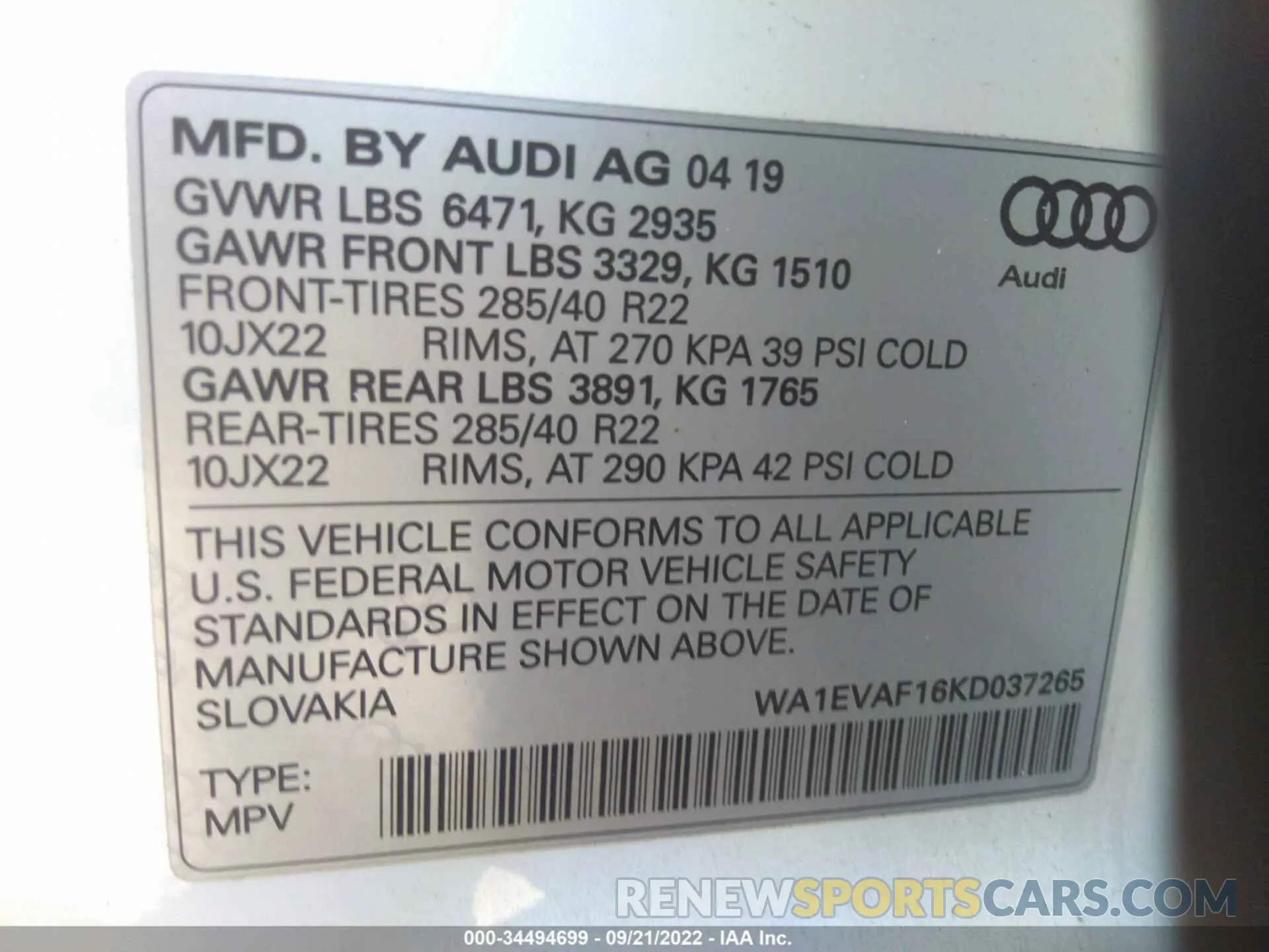 9 Photograph of a damaged car WA1EVAF16KD037265 AUDI Q8 2019
