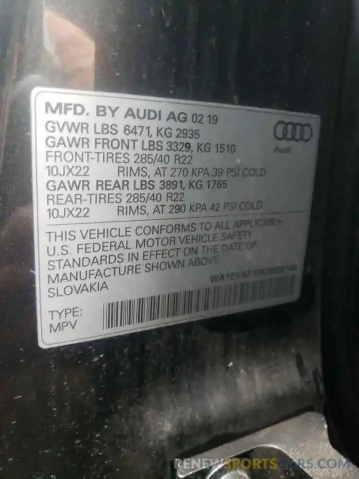 10 Photograph of a damaged car WA1EVAF18KD029149 AUDI Q8 2019