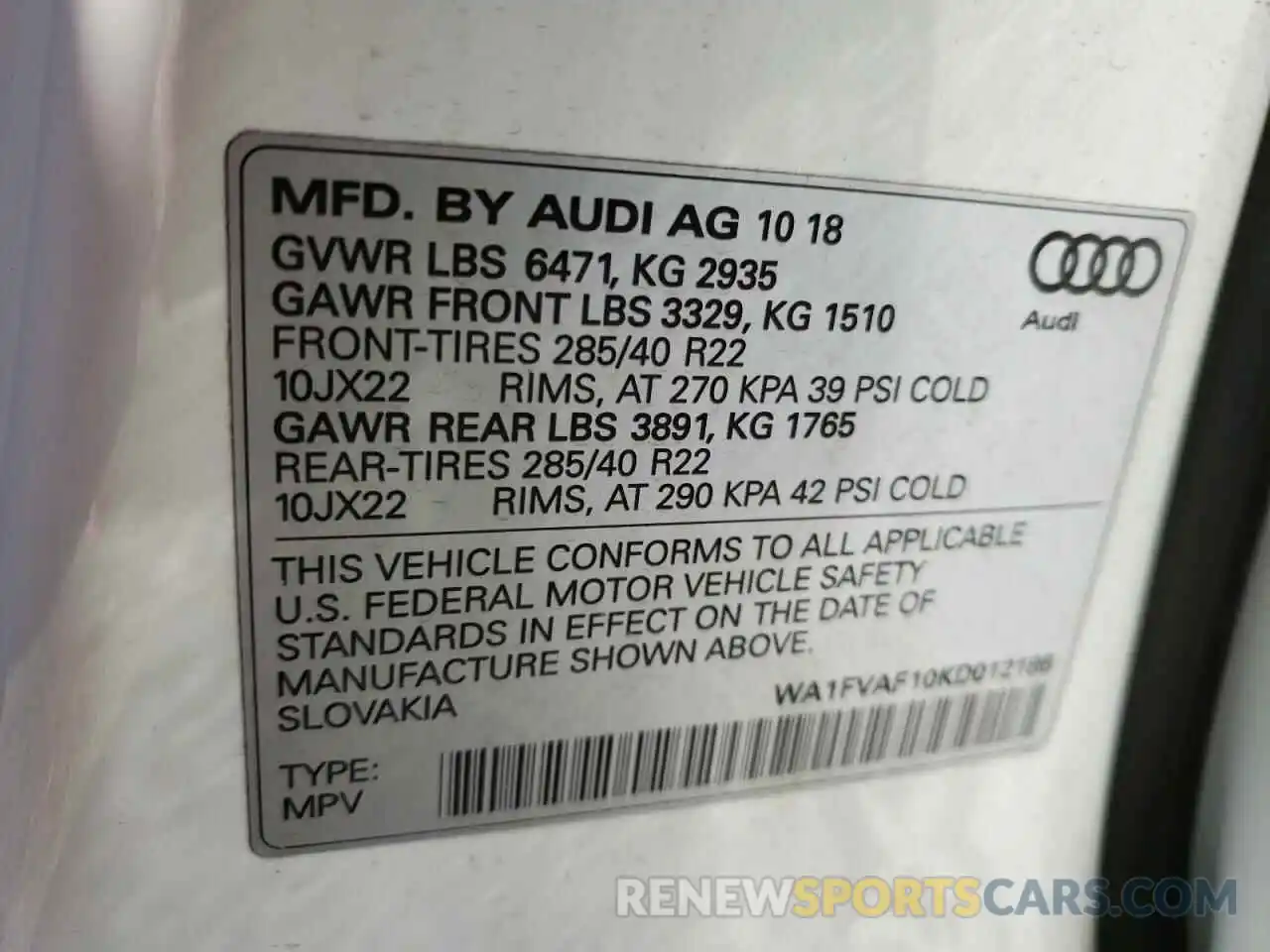 10 Photograph of a damaged car WA1FVAF10KD012186 AUDI Q8 2019