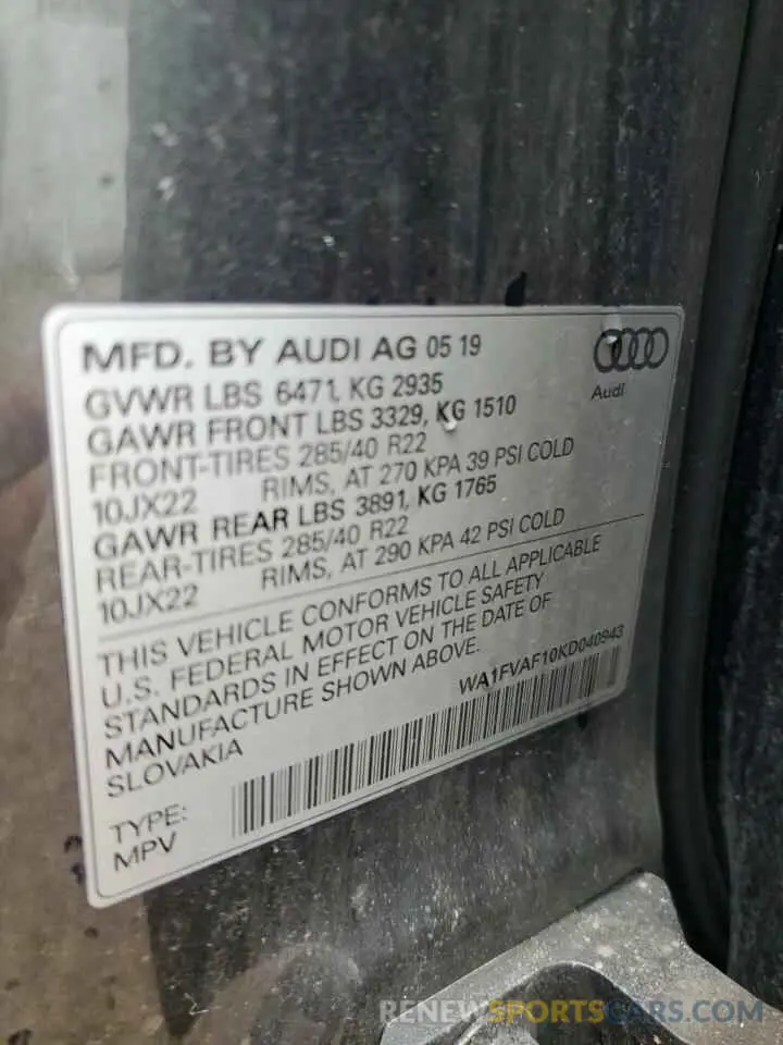 14 Photograph of a damaged car WA1FVAF10KD040943 AUDI Q8 2019