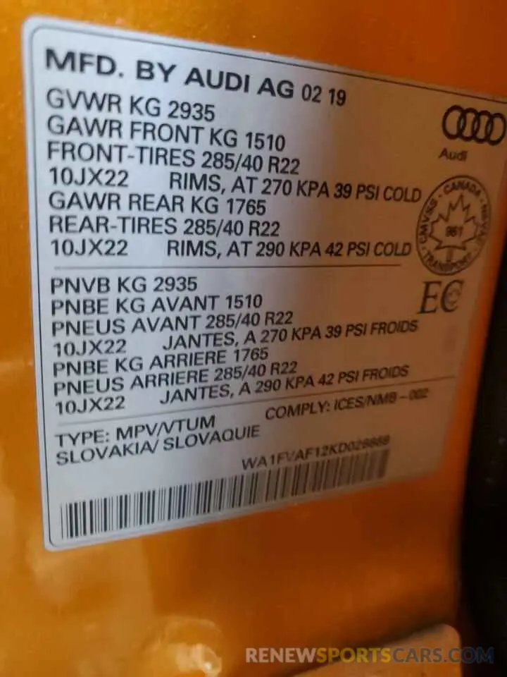 14 Photograph of a damaged car WA1FVAF12KD026669 AUDI Q8 2019