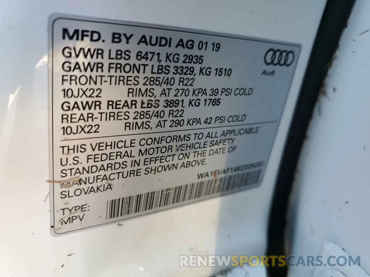 10 Photograph of a damaged car WA1FVAF14KD025202 AUDI Q8 2019