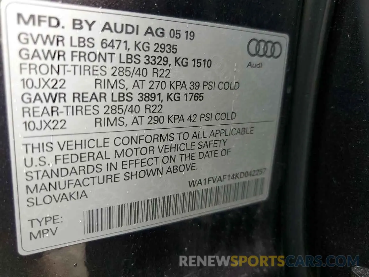 14 Photograph of a damaged car WA1FVAF14KD042257 AUDI Q8 2019