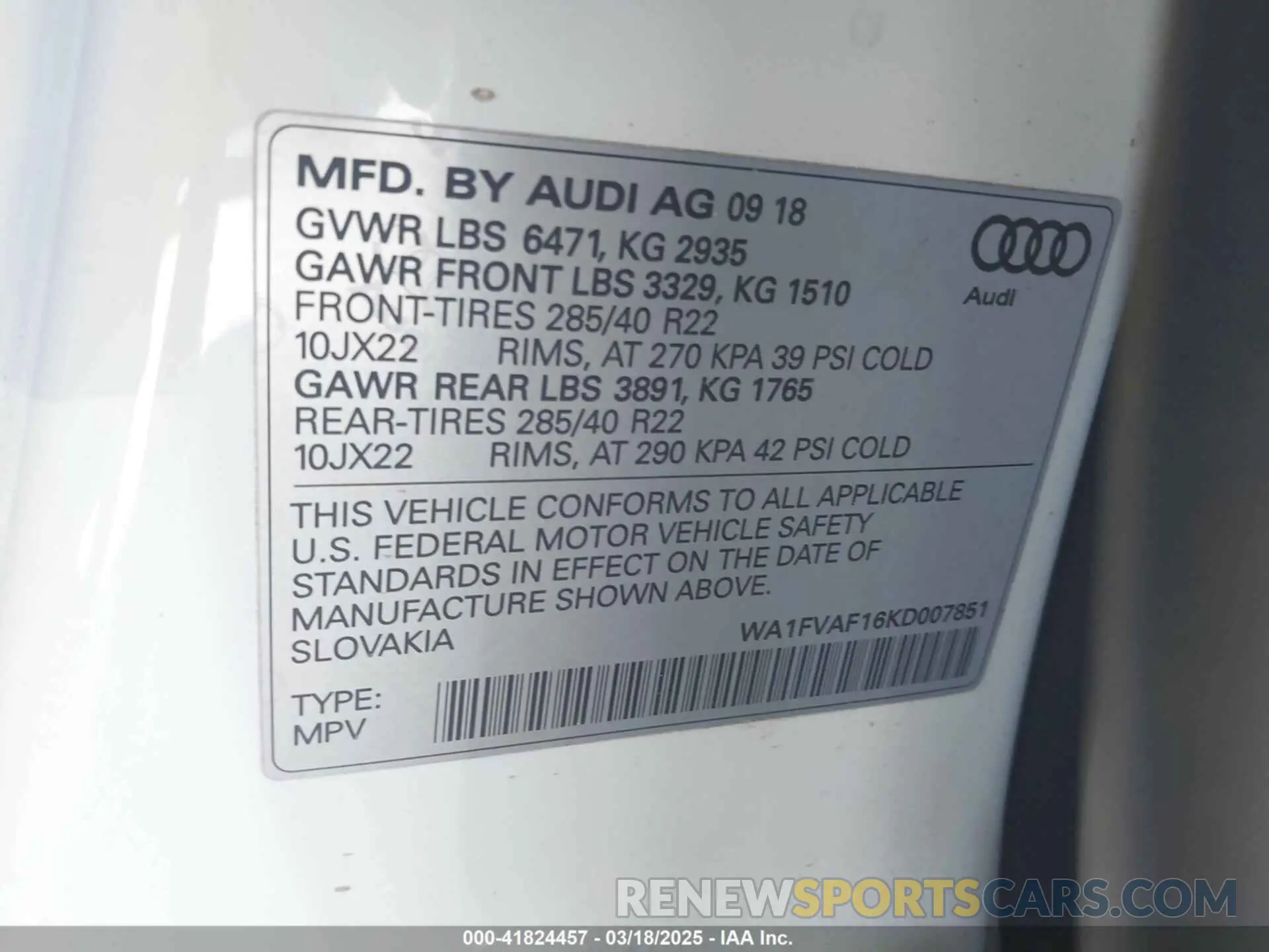 9 Photograph of a damaged car WA1FVAF16KD007851 AUDI Q8 2019