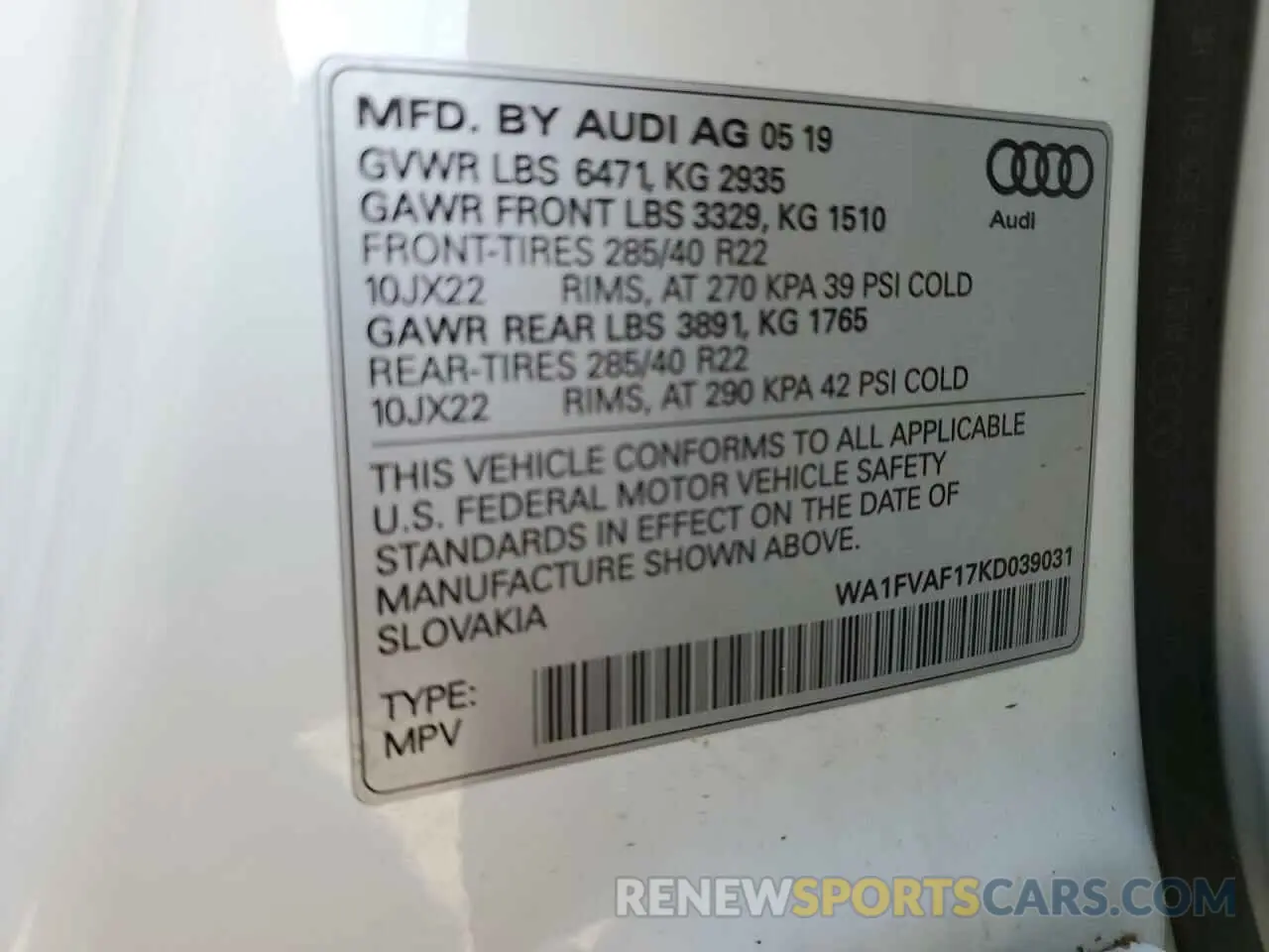 15 Photograph of a damaged car WA1FVAF17KD039031 AUDI Q8 2019