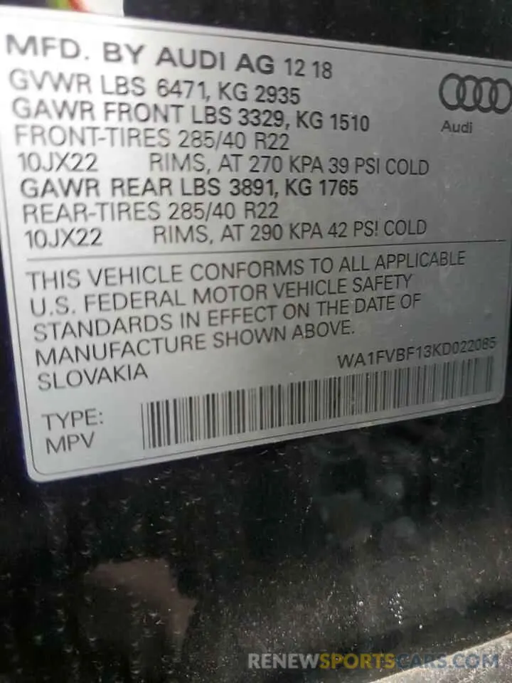 13 Photograph of a damaged car WA1FVBF13KD022085 AUDI Q8 2019