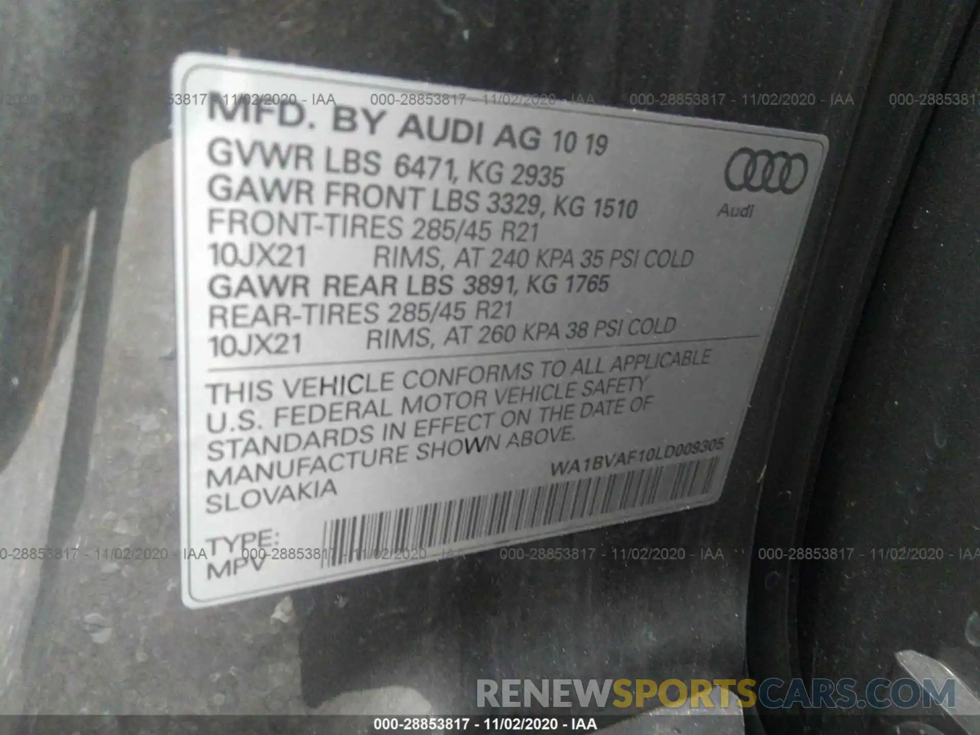 9 Photograph of a damaged car WA1BVAF10LD009305 AUDI Q8 2020