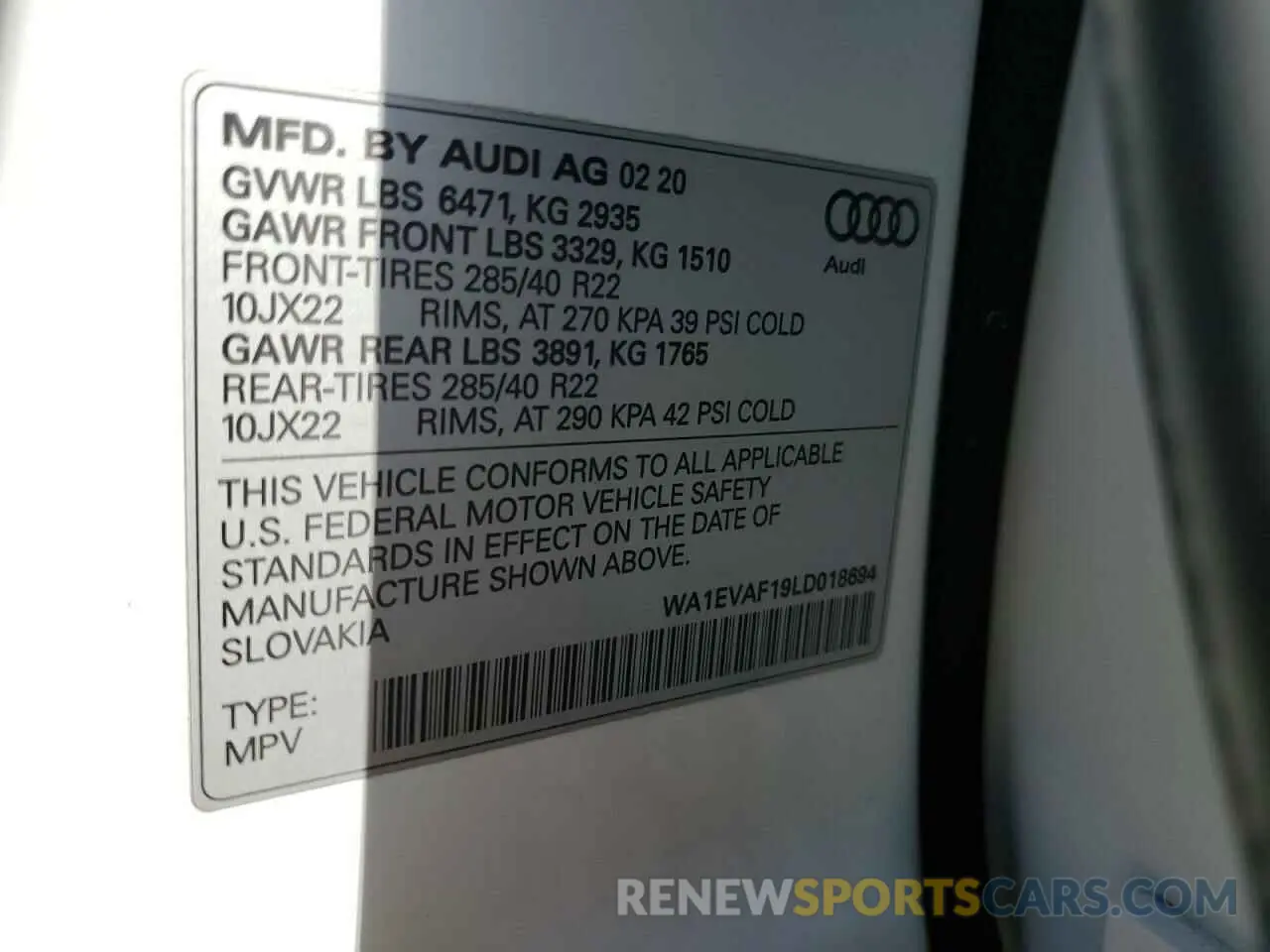 14 Photograph of a damaged car WA1EVAF19LD018694 AUDI Q8 2020