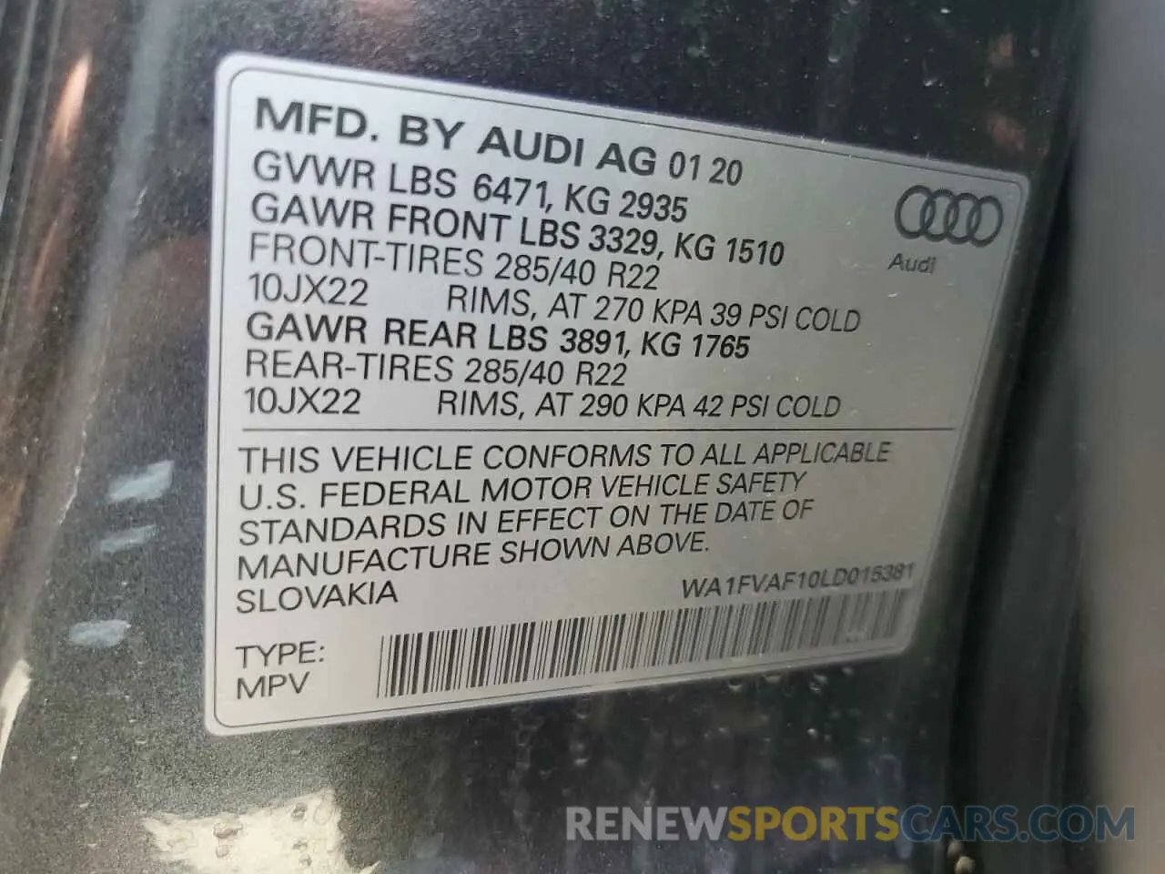 13 Photograph of a damaged car WA1FVAF10LD015381 AUDI Q8 2020