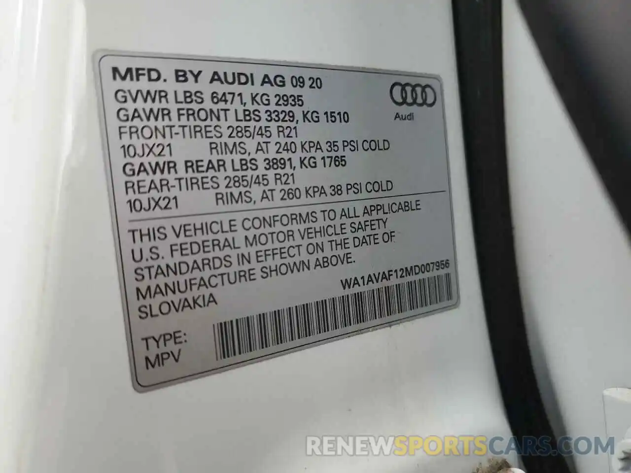 13 Photograph of a damaged car WA1AVAF12MD007956 AUDI Q8 2021