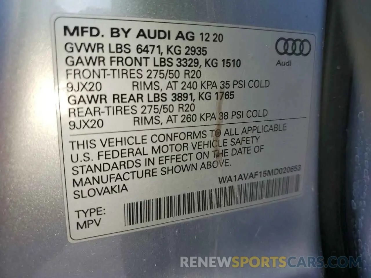 14 Photograph of a damaged car WA1AVAF15MD020653 AUDI Q8 2021