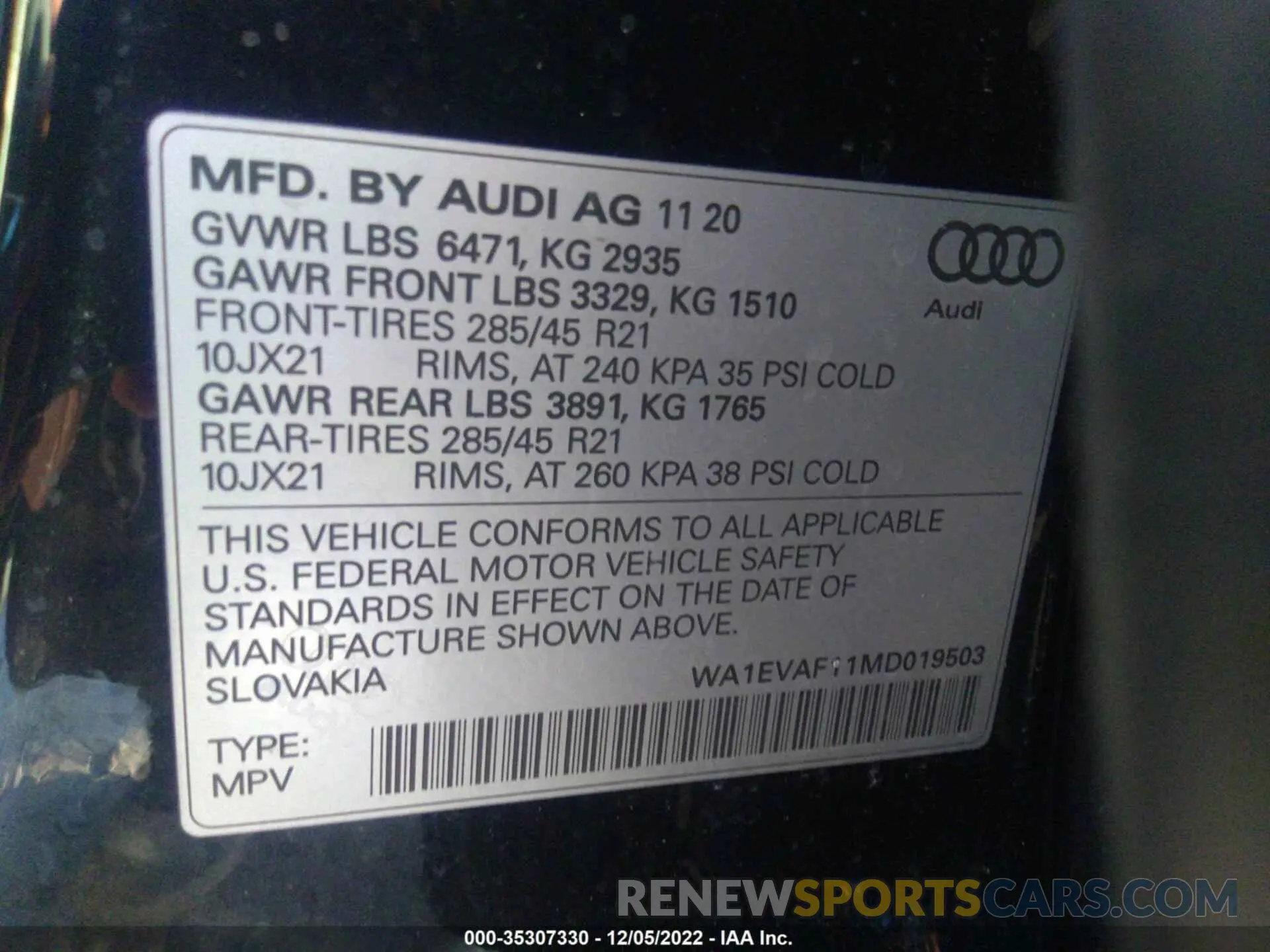 9 Photograph of a damaged car WA1EVAF11MD019503 AUDI Q8 2021