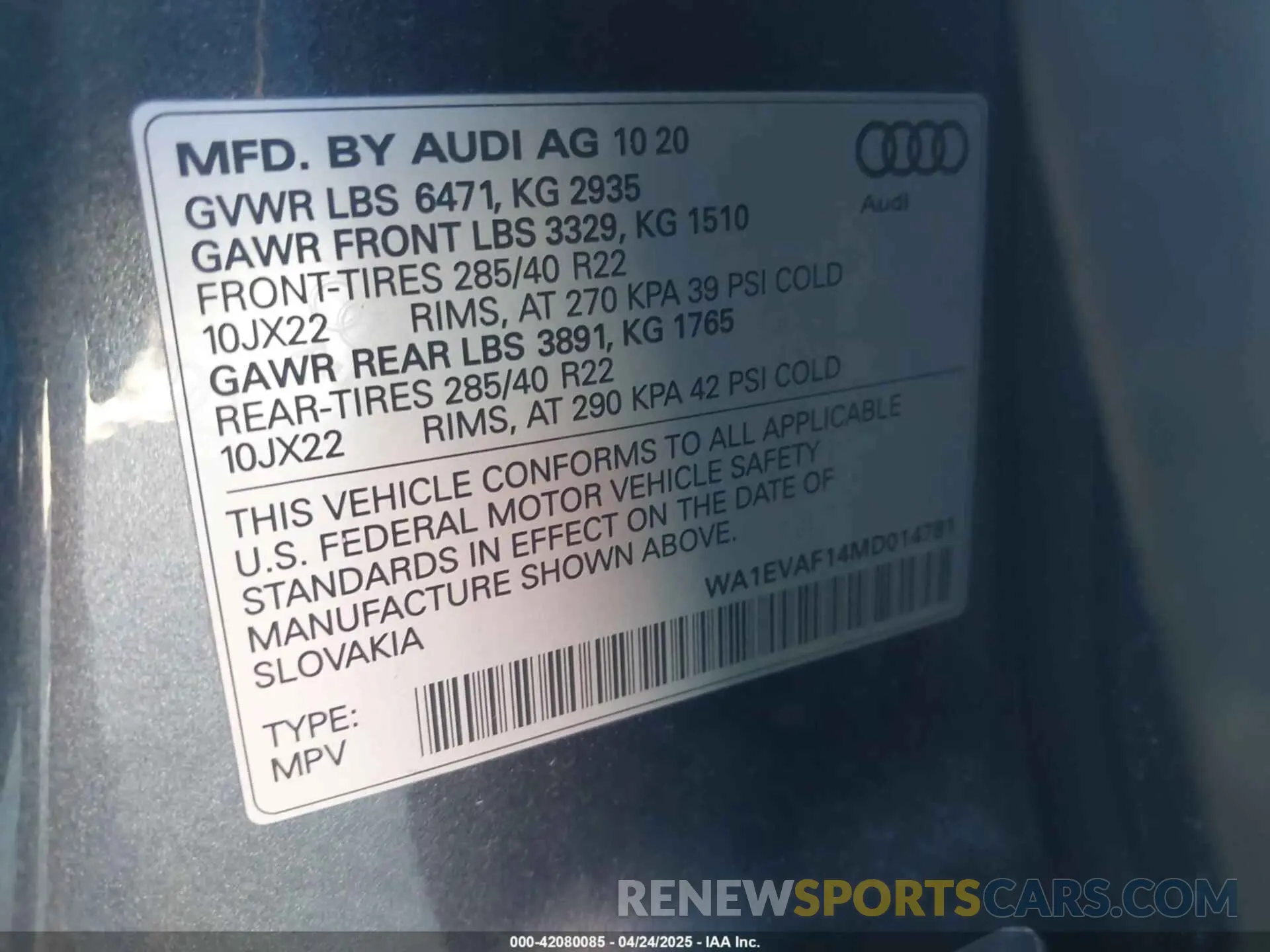 9 Photograph of a damaged car WA1EVAF14MD014781 AUDI Q8 2021