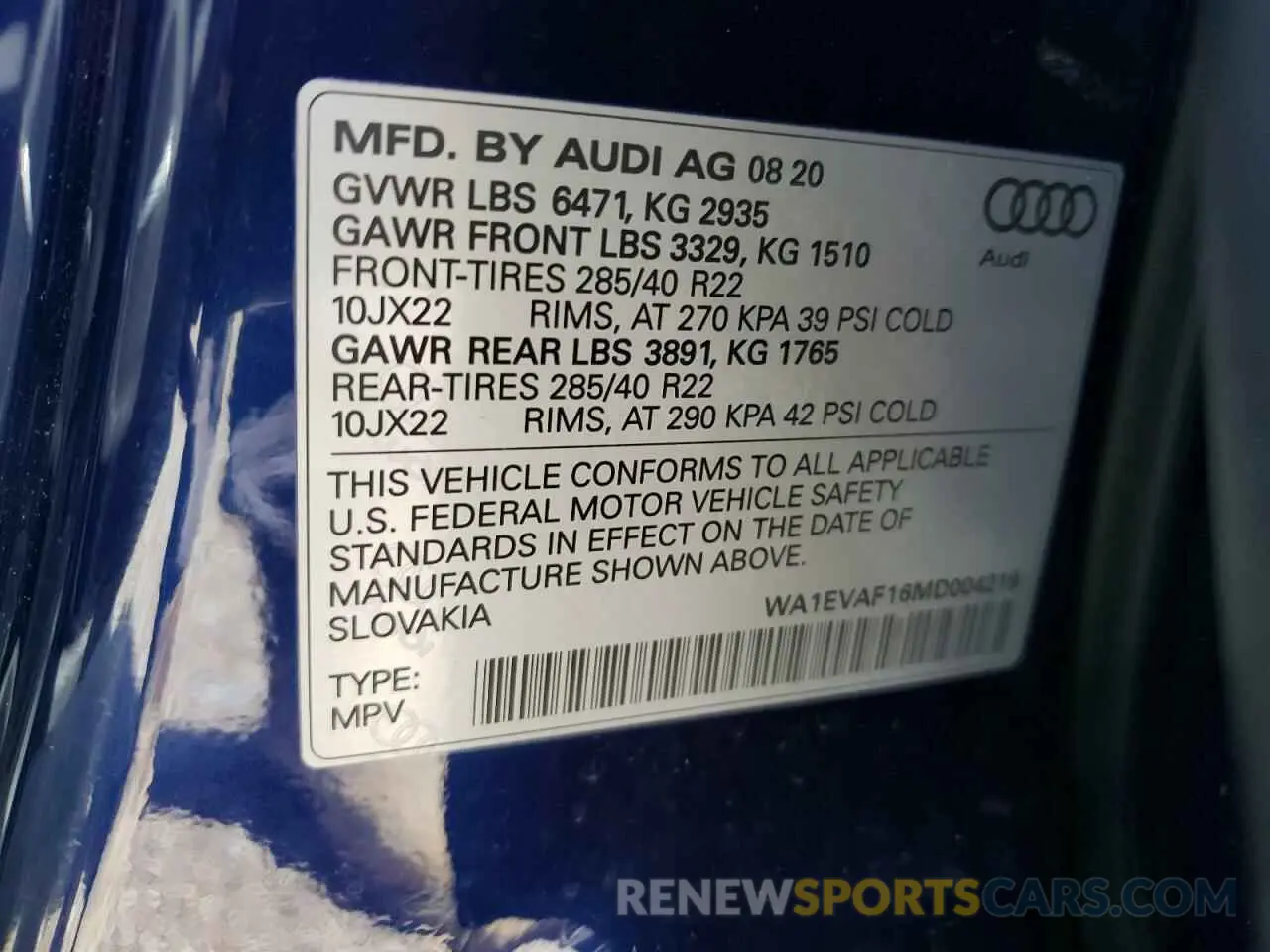 10 Photograph of a damaged car WA1EVAF16MD004219 AUDI Q8 2021
