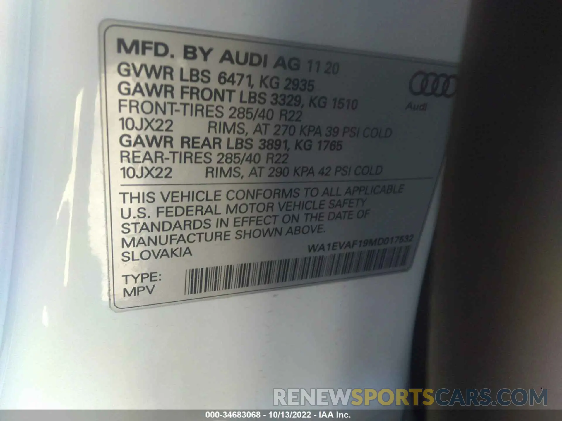 9 Photograph of a damaged car WA1EVAF19MD017532 AUDI Q8 2021