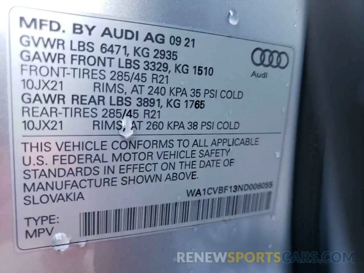 10 Photograph of a damaged car WA1CVBF13ND006055 AUDI Q8 2022