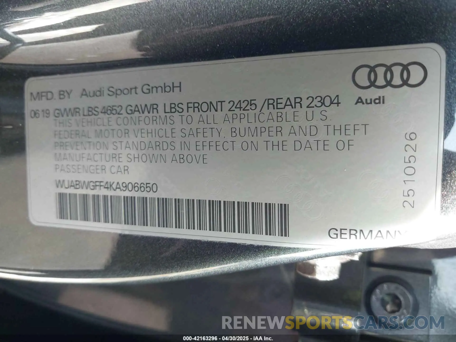9 Photograph of a damaged car WUABWGFF4KA906650 AUDI RS 3 2019