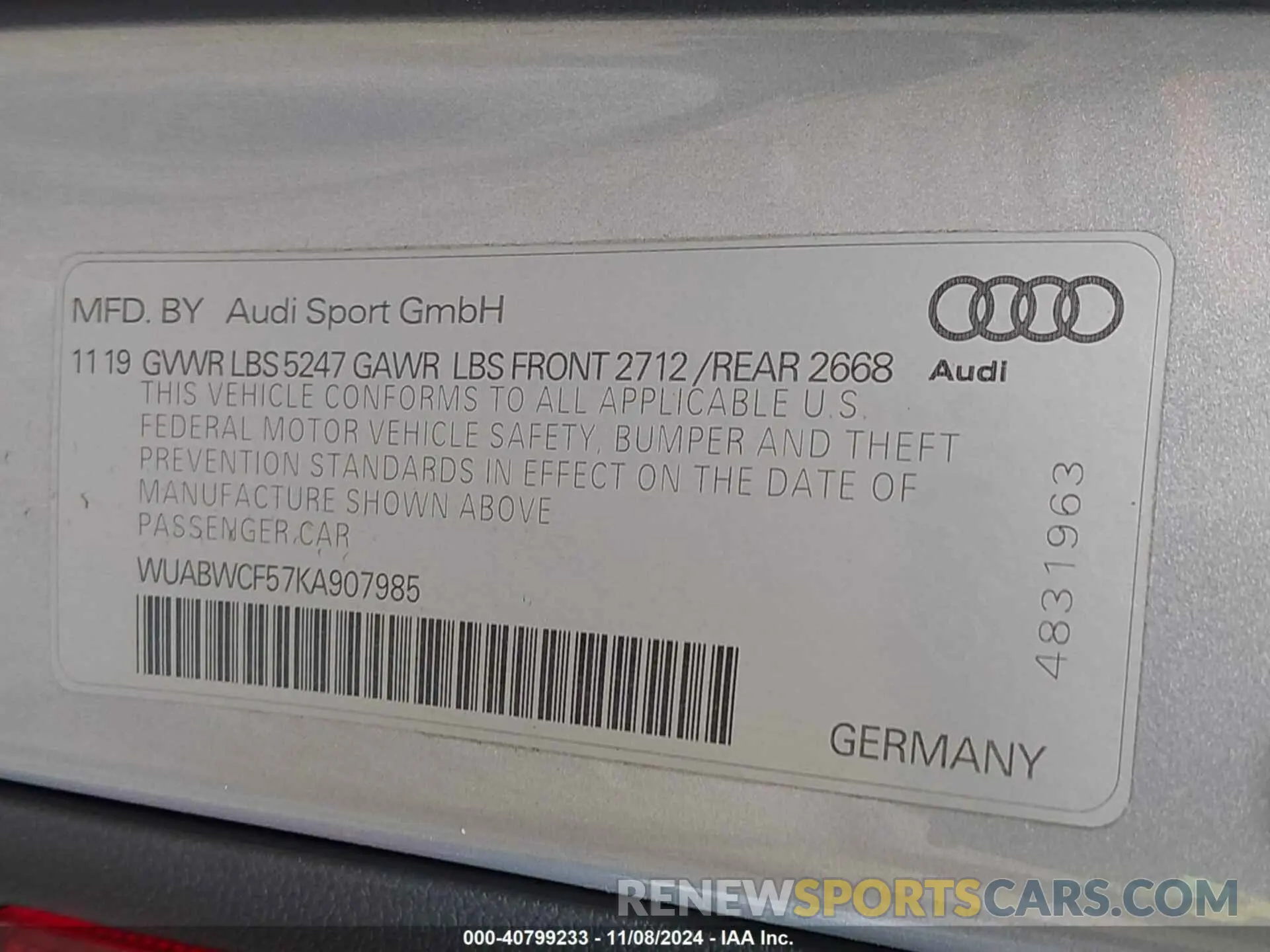 9 Photograph of a damaged car WUABWCF57KA907985 AUDI RS 5 2019