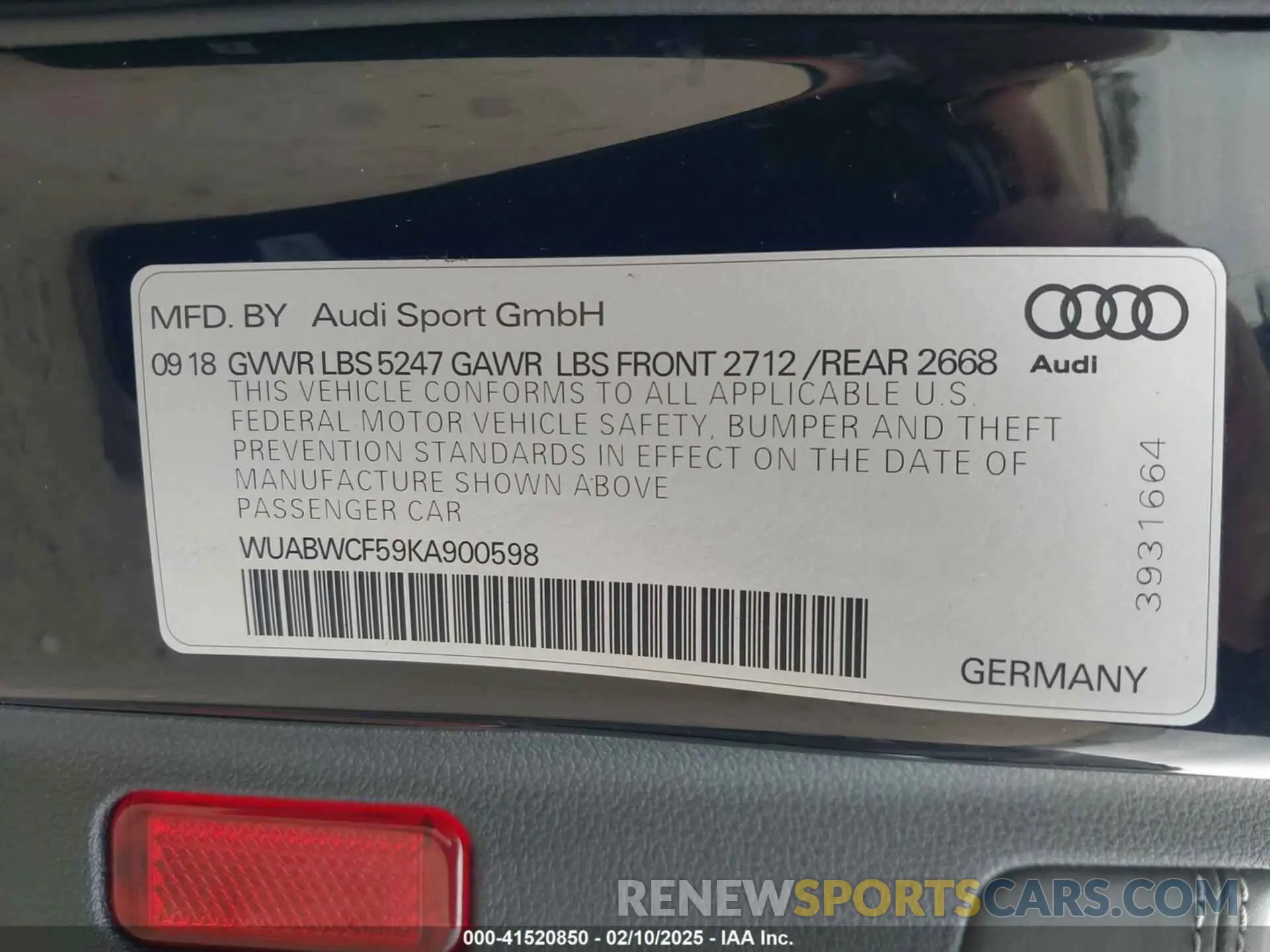 9 Photograph of a damaged car WUABWCF59KA900598 AUDI RS 5 2019