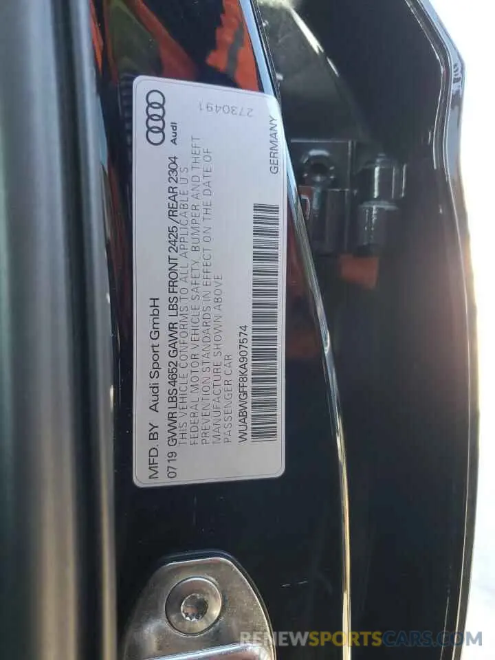12 Photograph of a damaged car WUABWGFF8KA907574 AUDI RS3 2019