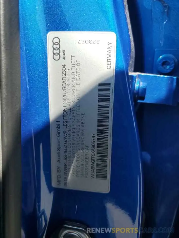 12 Photograph of a damaged car WUABWGFF9KA905767 AUDI RS3 2019