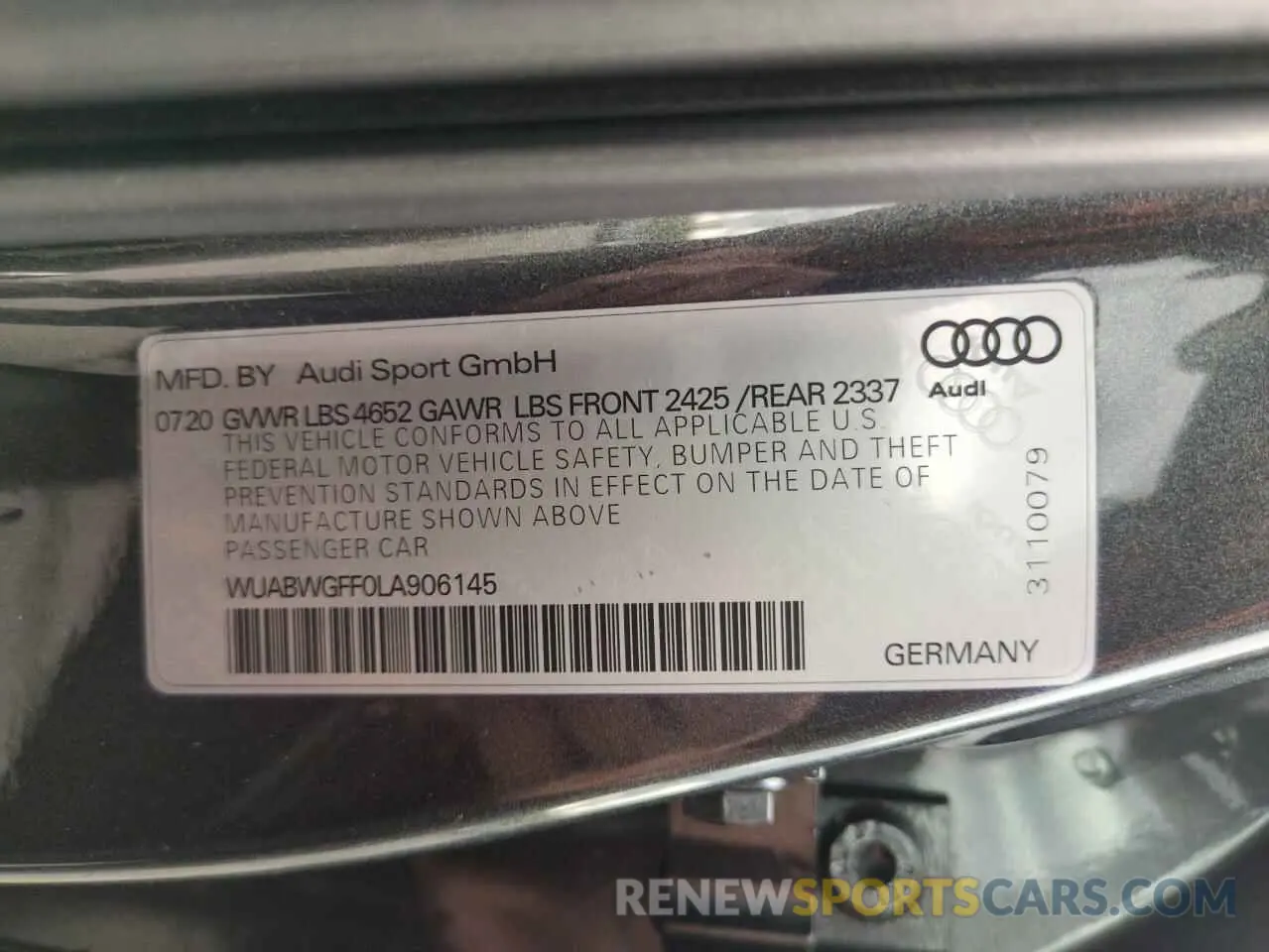 12 Photograph of a damaged car WUABWGFF0LA906145 AUDI RS3 2020