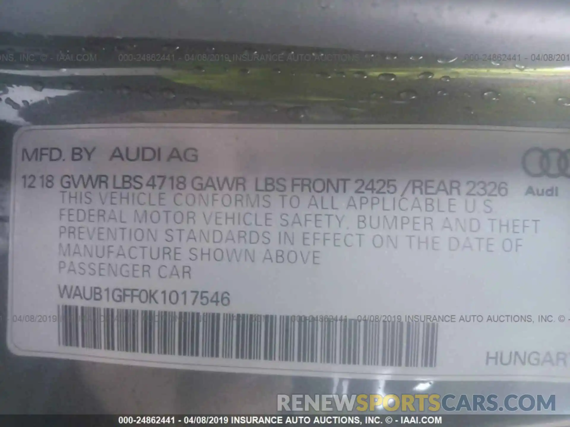 9 Photograph of a damaged car WAUB1GFF0K1017546 AUDI S3 2019